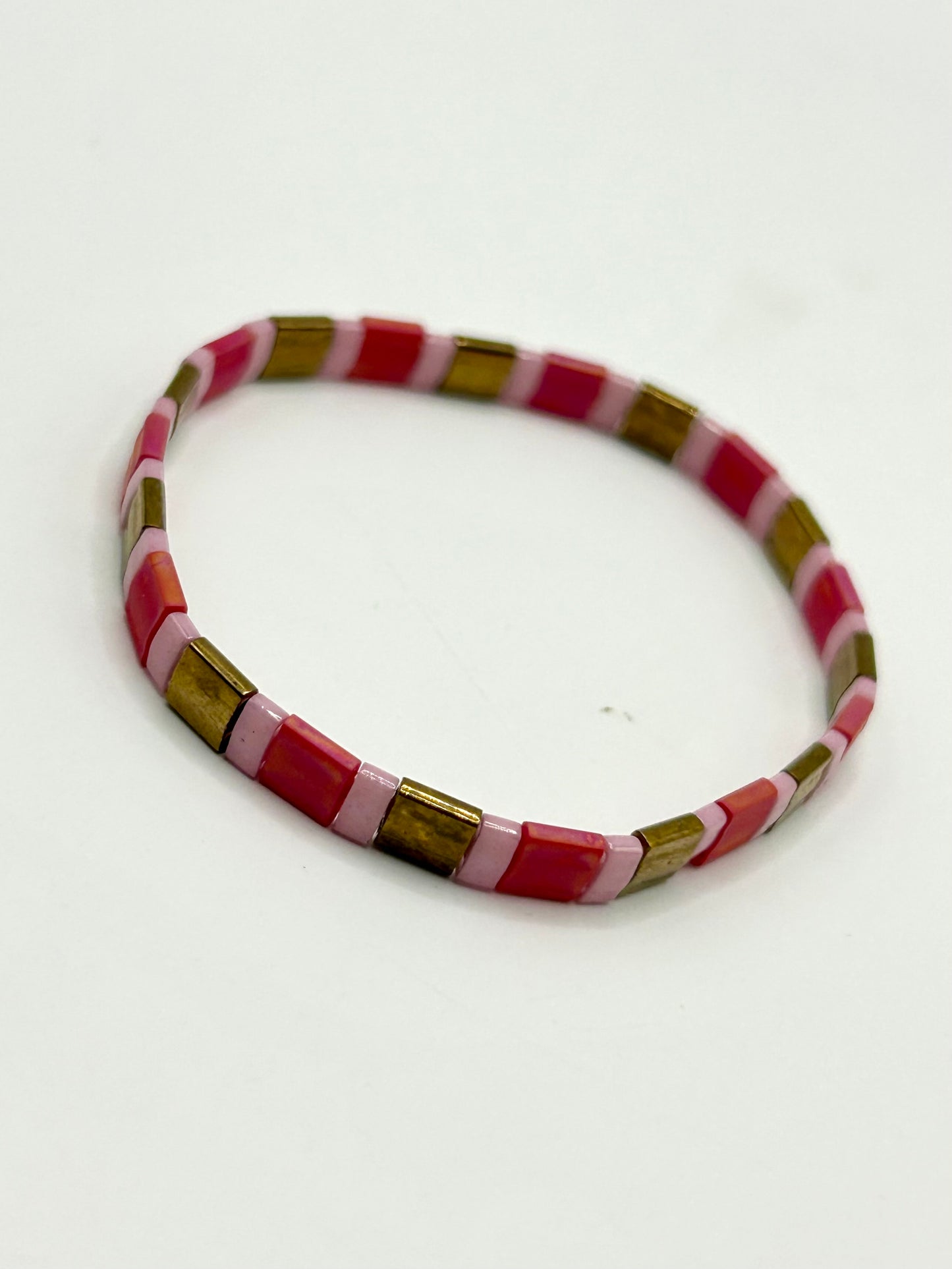Raspberry Bloom Tila Glass Bead Elastic Bracelet Collection