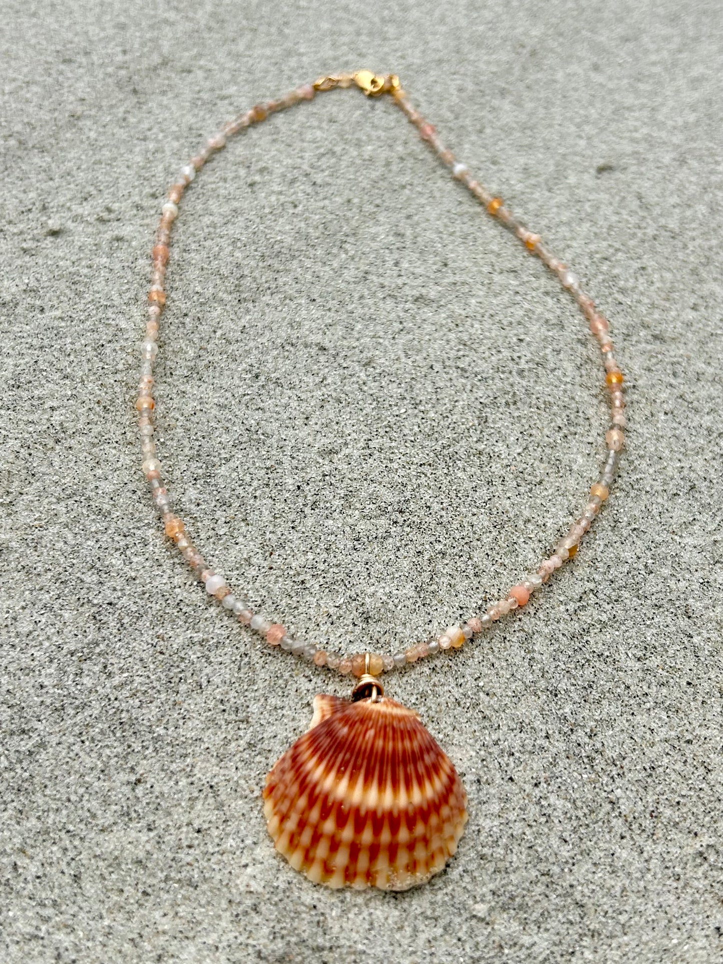 Scallop Shell, Moonstone & Botswana Agate Gemstone Beaded Necklace