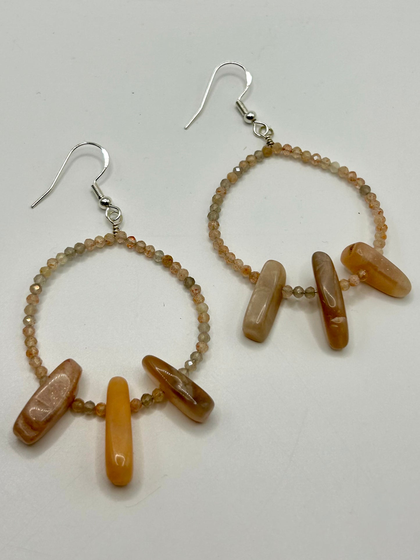 Sunstone & Peach Moonstone Gemstone Sterling Silver Dangly Hoop Earrings