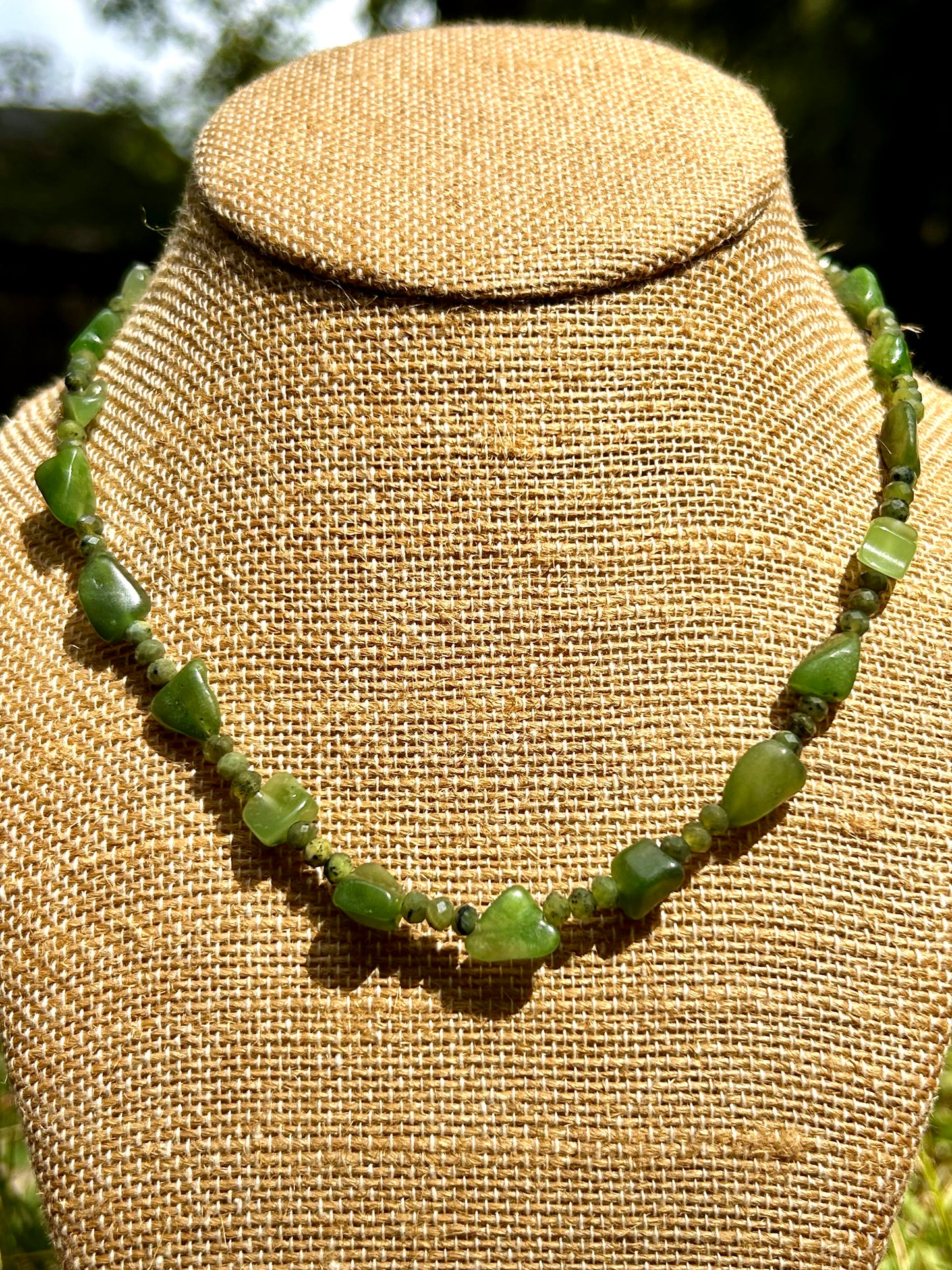 Nephrite Jade Gemstone Beaded Choker Style Necklace Sterling Silver