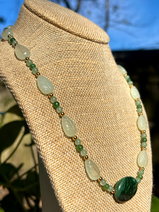 Maw-Sit-Sit, New Jade & Green Aventurine with Gold Accents Beaded Necklace