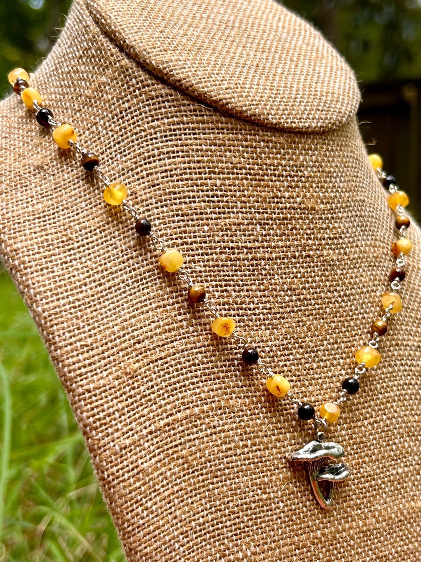 Chanterelle Mushroom with Amber & Tiger’s Eye Gemstone Sterling Silver Chain Link Wire Wrapped Necklace