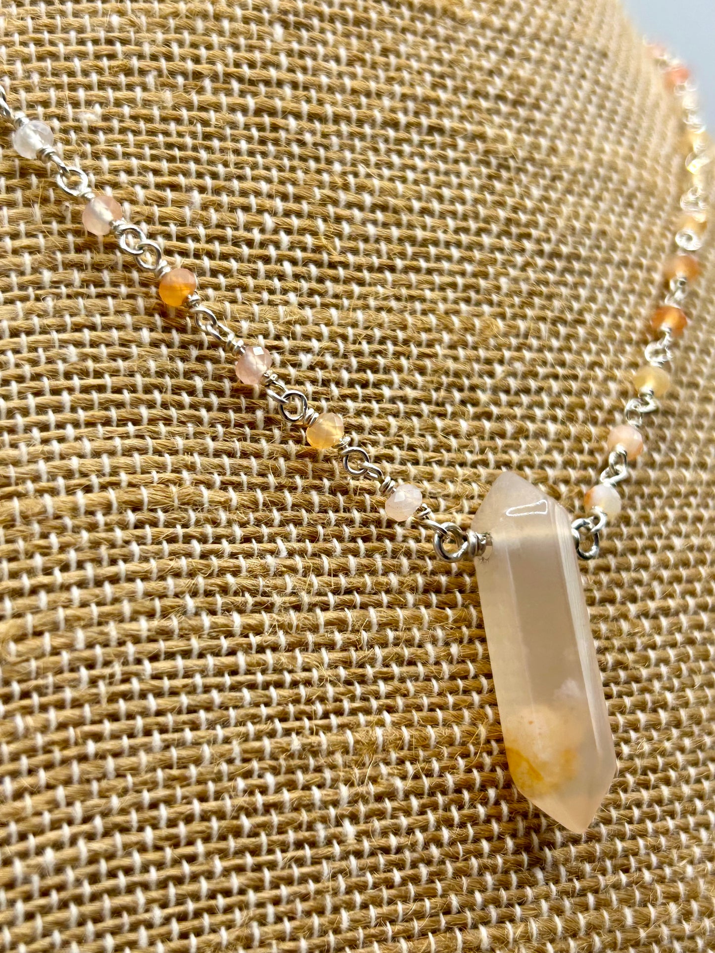 Botswana Agate & Flower Agate Gemstone Sterling Silver Chain Link Wire Wrapped Necklace