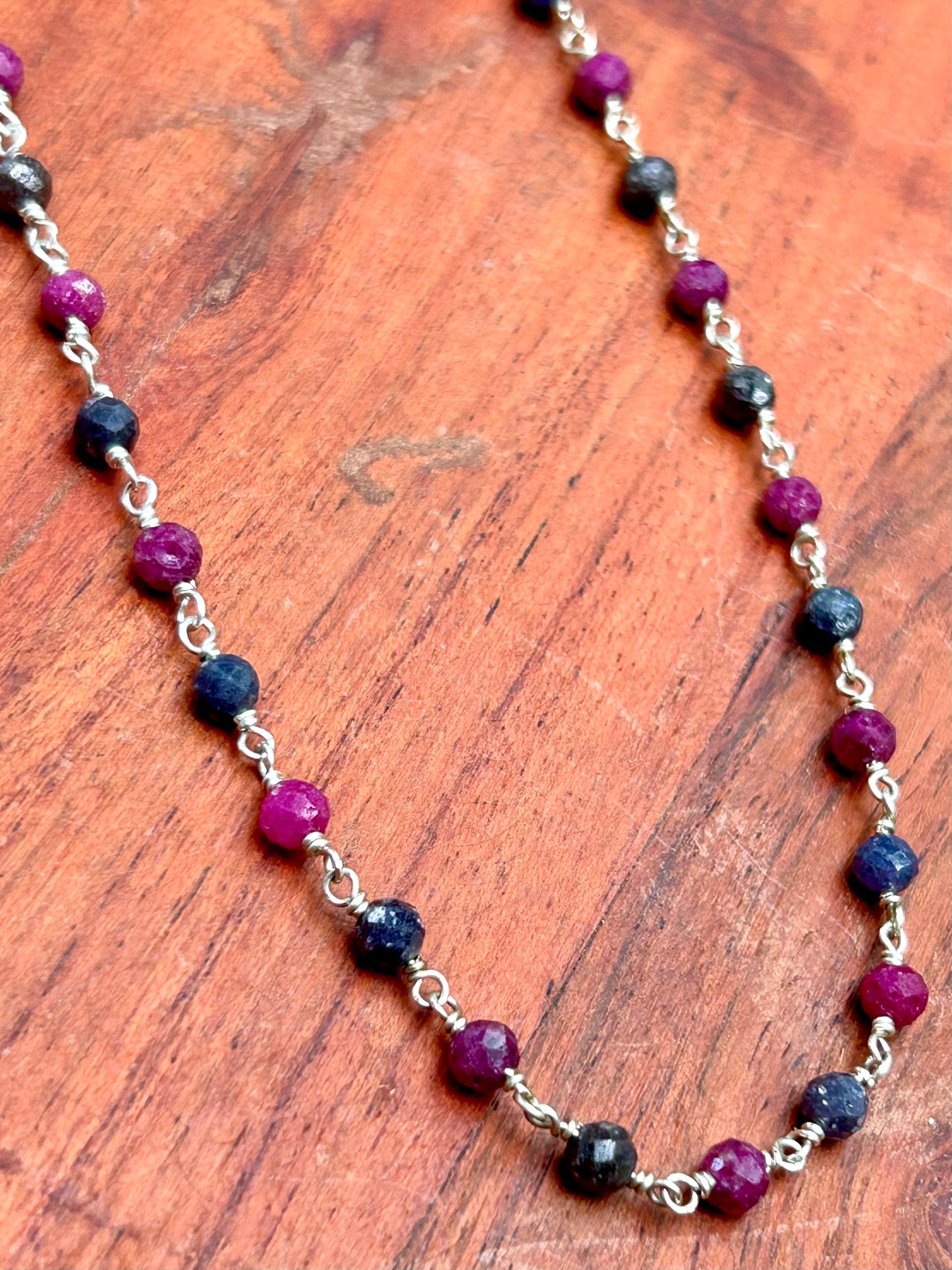 Ruby & Sapphire Gemstone Sterling Silver Chain Link Wire Wrapped Necklace