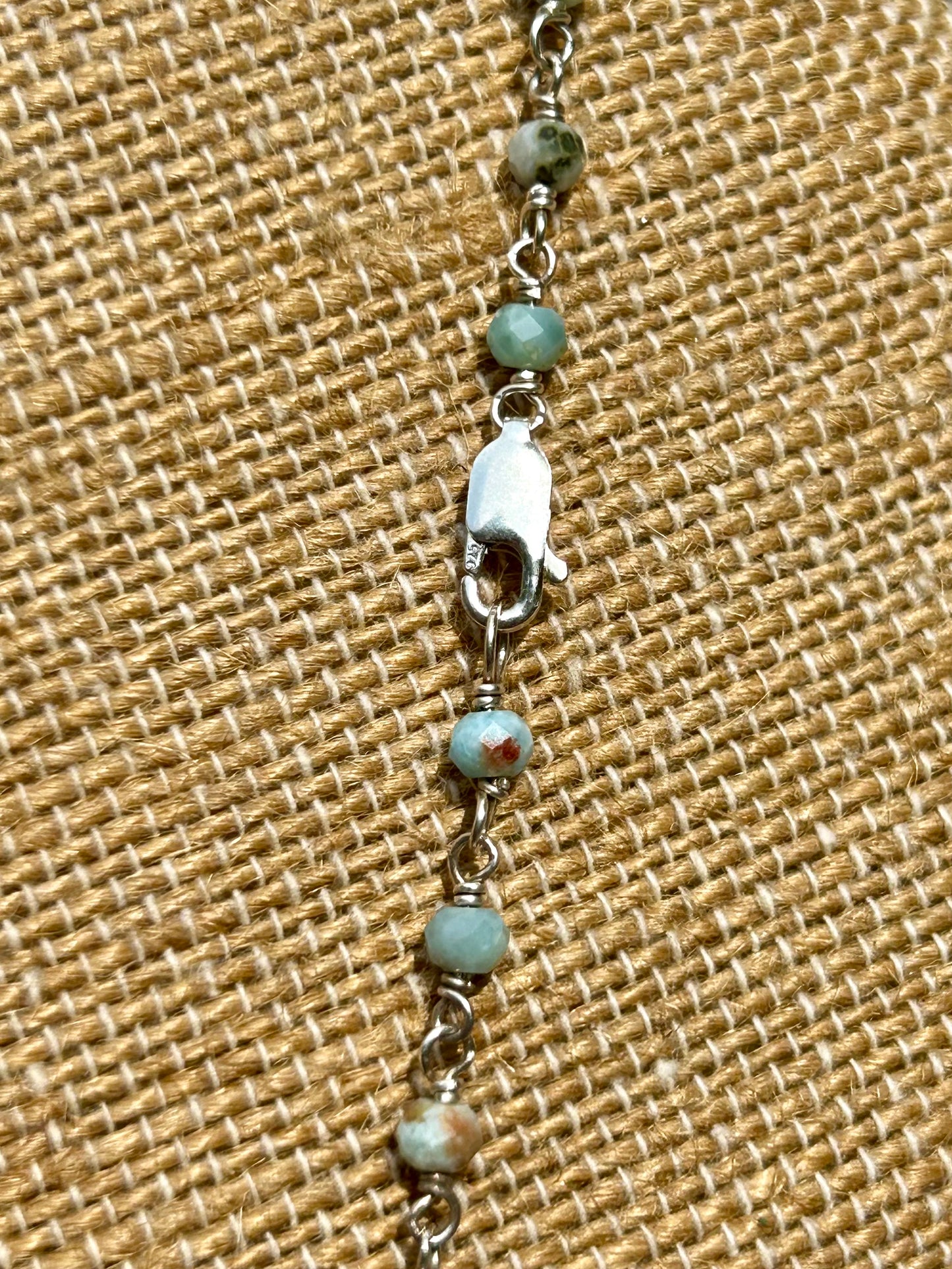 Larimar Gemstone Sterling Silver Chain Link Wire Wrapped Necklace