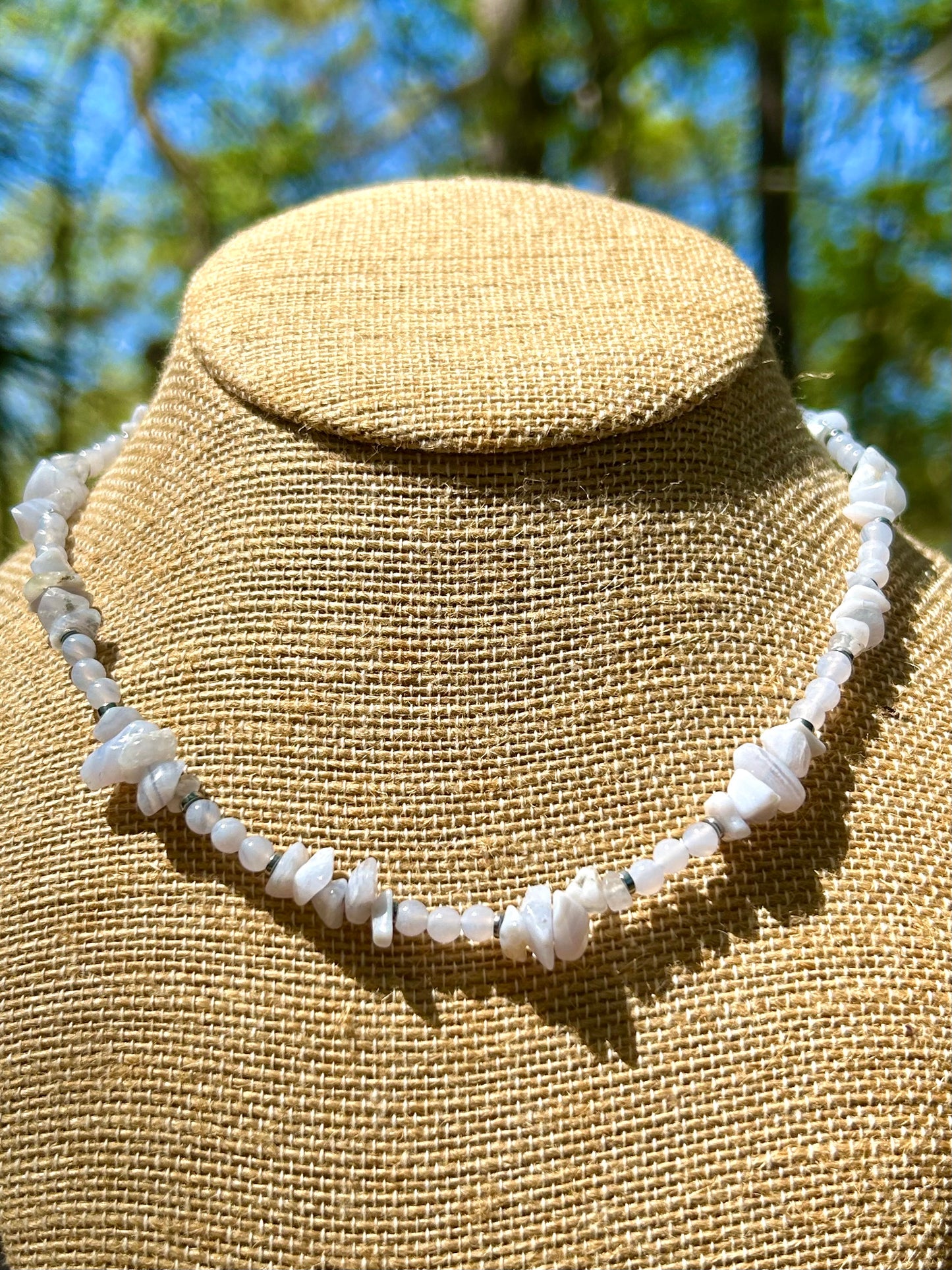 Blue Lace Agate Gemstone Beaded Choker Style Necklace