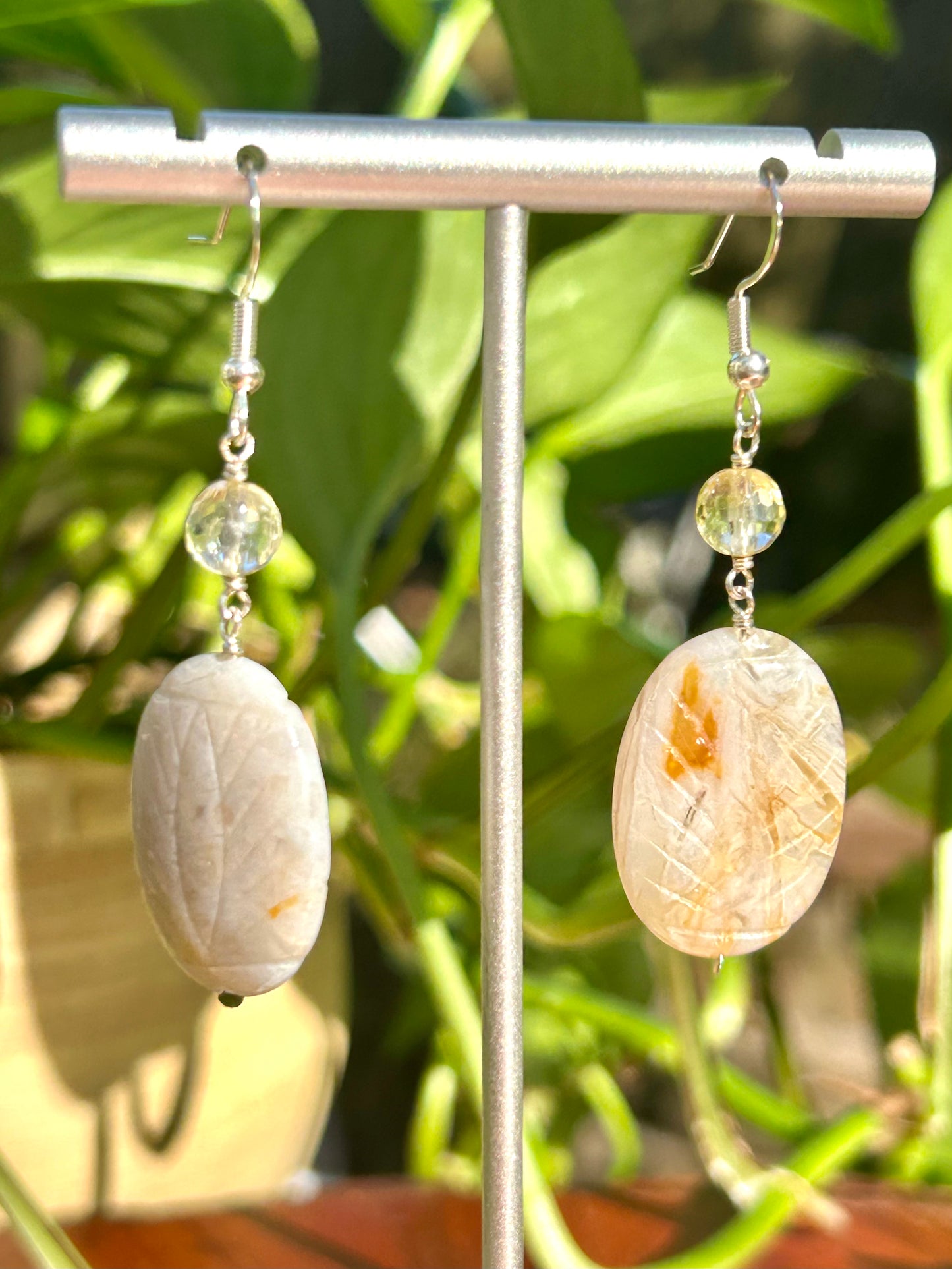 Agate & Citrine Gemstone Sterling Silver Dangly Earrings