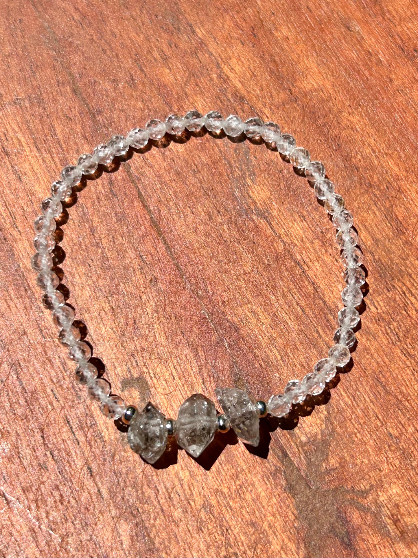 Genuine Herkimer Diamond Gemstone Beaded Bracelet with 925 Sterling Silver Spacer Beads (Iolite/Pietersite/Alalite/Topaz/Rhodonite)