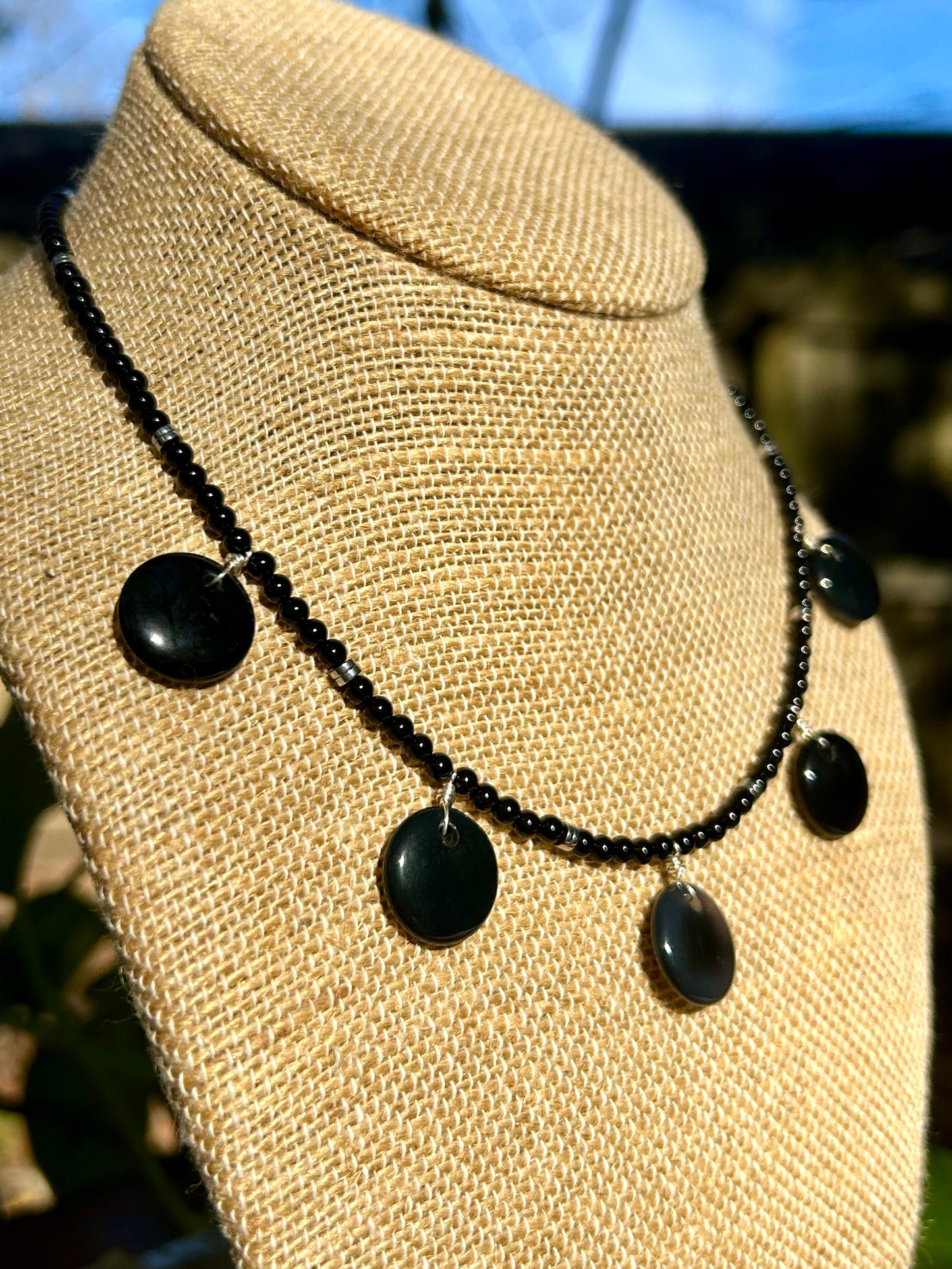 Black Onyx & Black Agate Disc Necklace & Earrings Set