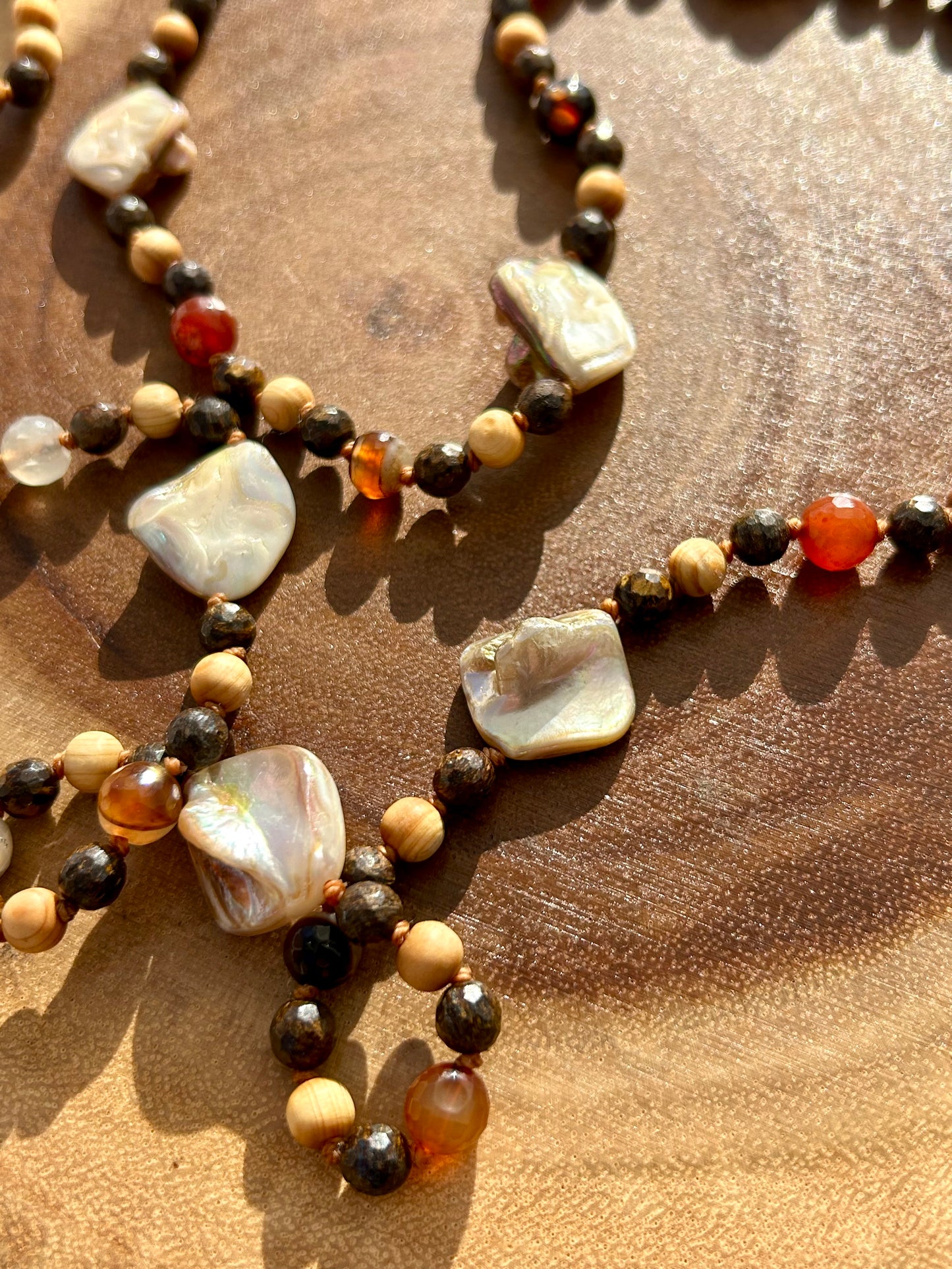 Ammonite, Bronzite, Agate, Pearl & Cedar Wood Hand Knotted Mala Beads Necklace