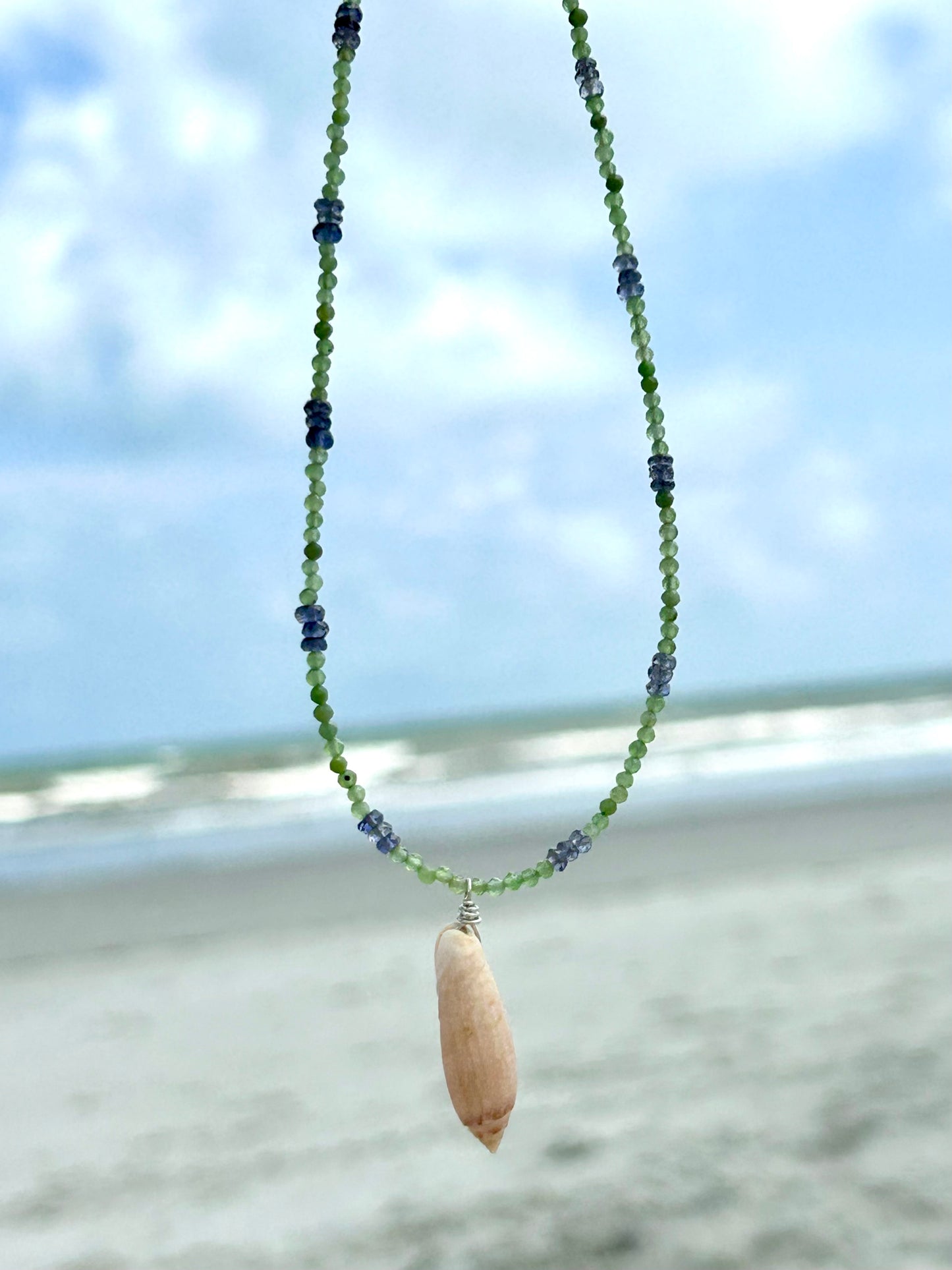 Olive Shell, Nephrite Jade & Iolite Gemstone Beaded Necklace Sterling Silver