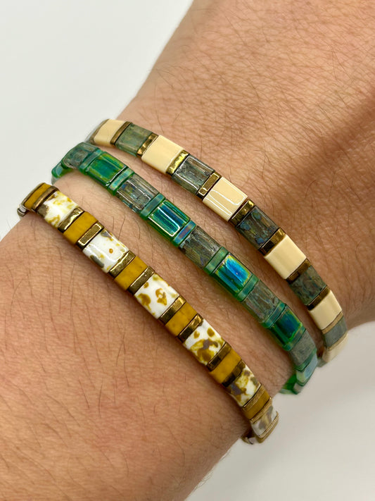 Earthy Neutrals Tila Glass Bead Elastic Bracelet Collection