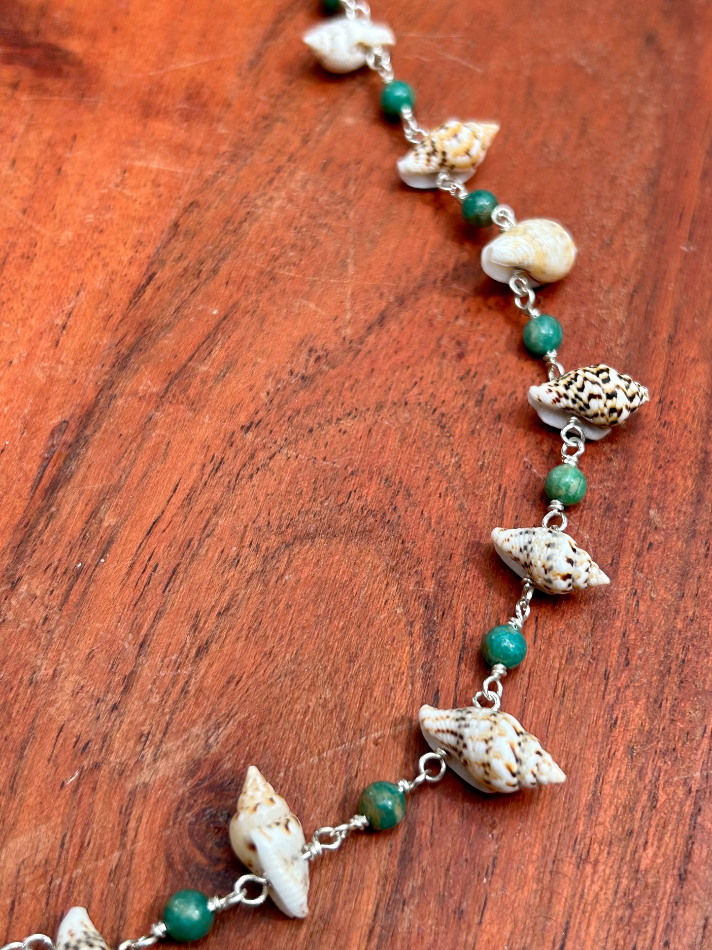 Shells & Amazonite Gemstone Sterling Silver Chain Link Wire Wrapped Necklace