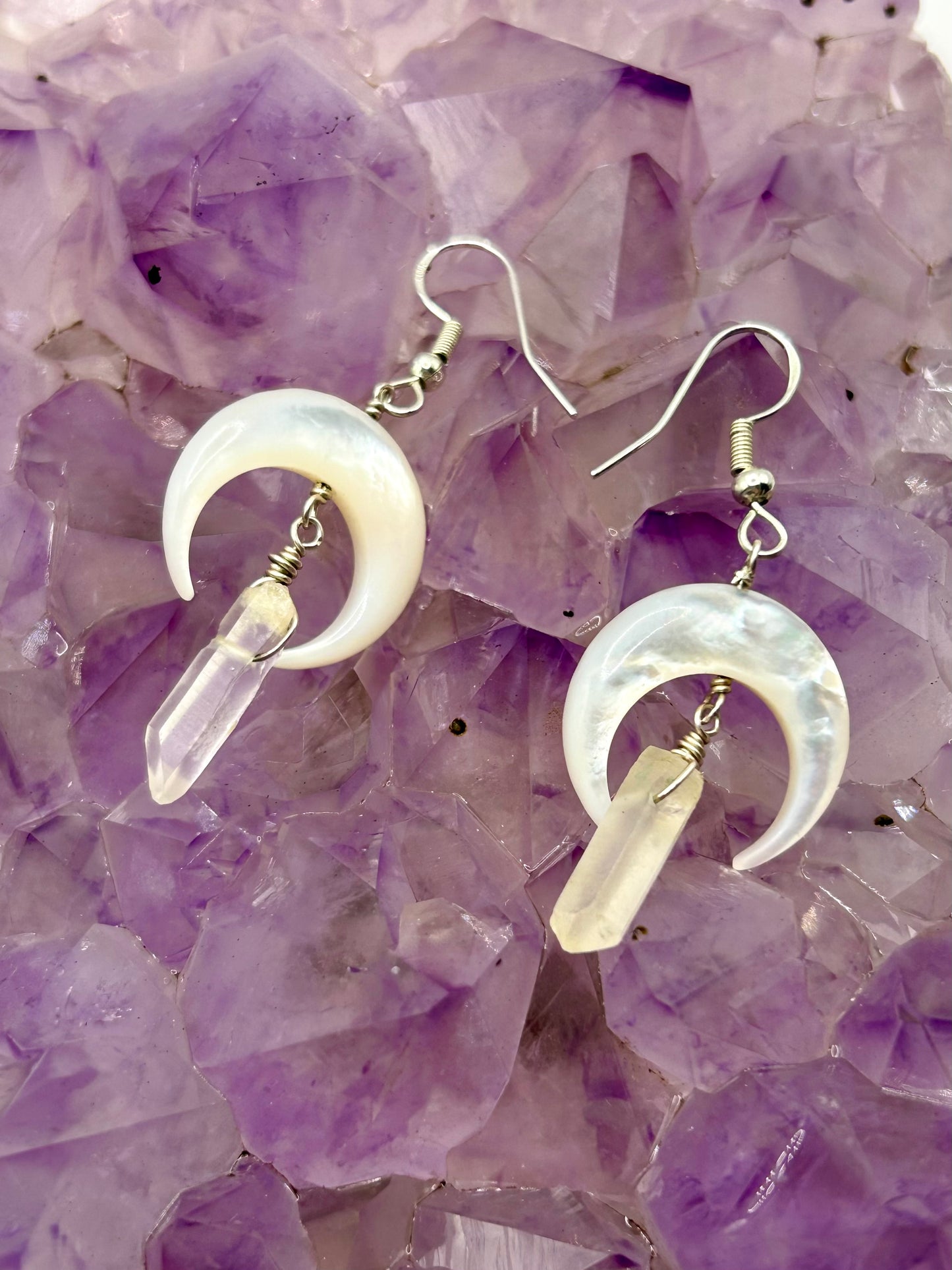 Shell Moons & Quartz Gemstone Sterling Silver / 14k Gold Filled Dangly Earrings