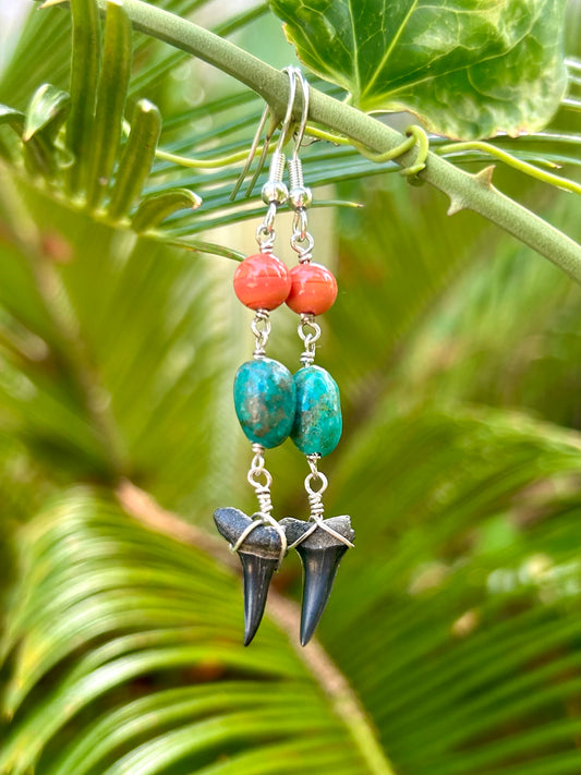 Shark Tooth Fossil with Coral & Turquoise Gemstone Sterling Silver Dangly Earrings