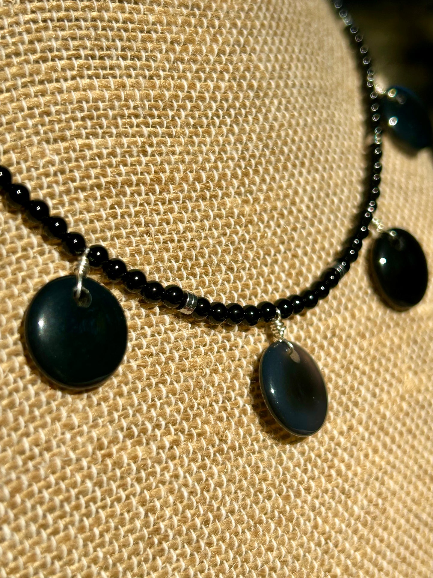 Black Onyx & Black Agate Disc Necklace & Earrings Set