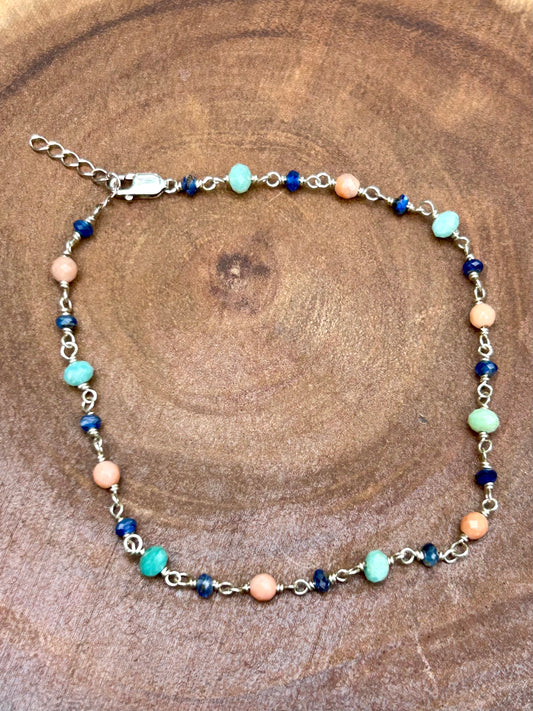 Kyanite, Amazonite & Red Aventurine Chain Link Gemstone 925 Sterling Silver Anklet