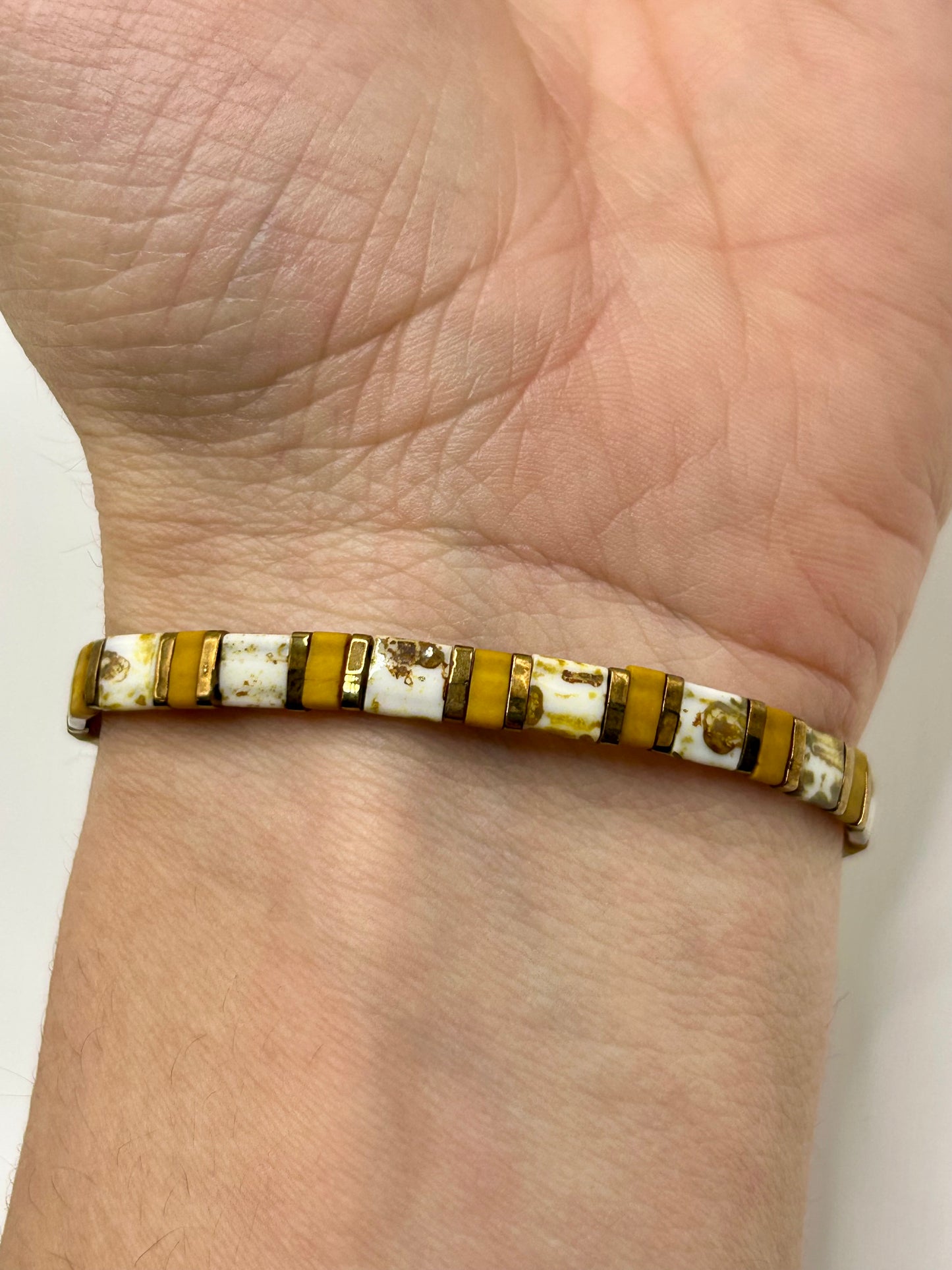 Earthy Neutrals Tila Glass Bead Elastic Bracelet Collection