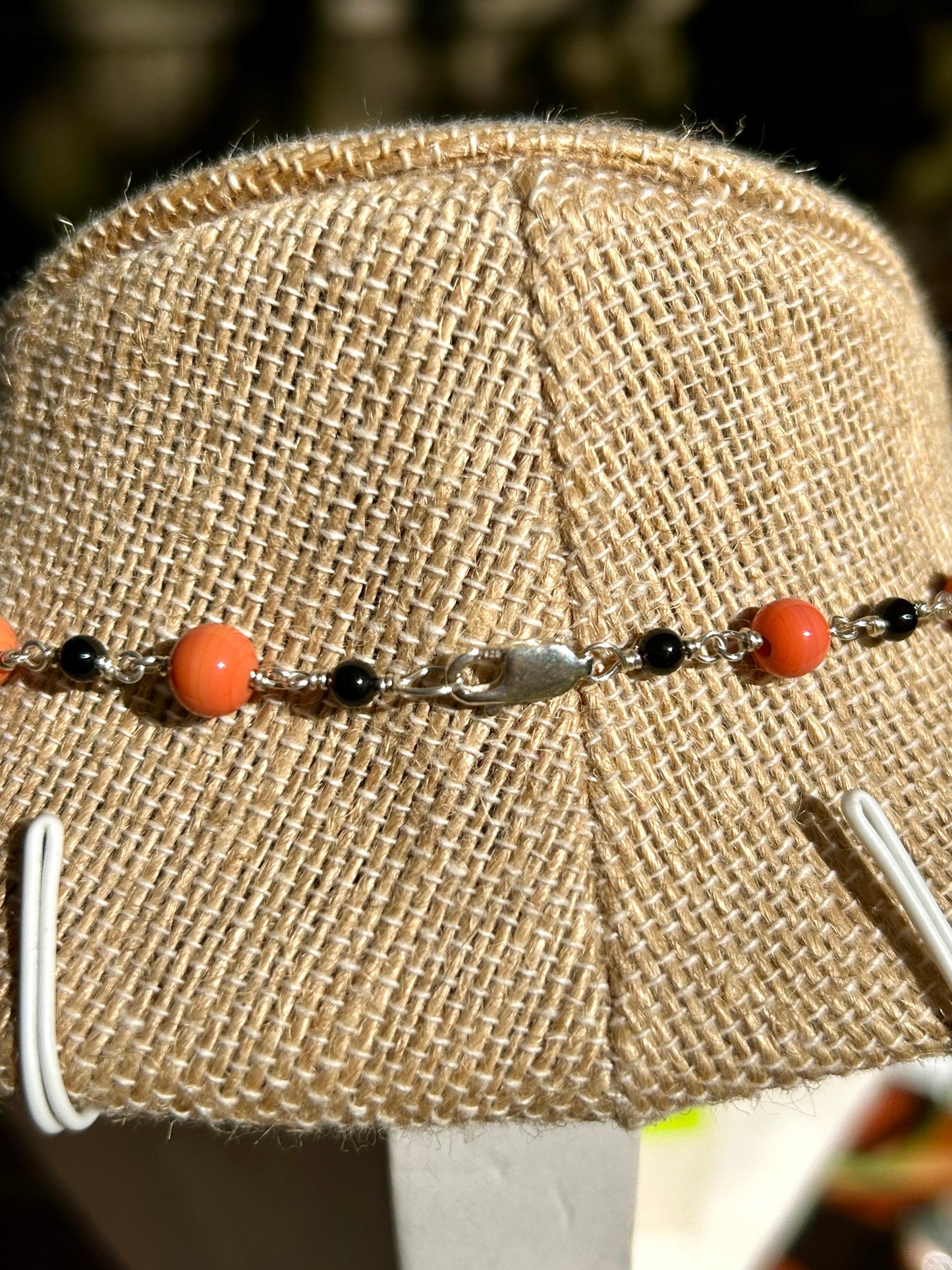 Shark Tooth Fossil with Coral & Black Onyx Sterling Silver Chain Link Wire Wrapped Necklace