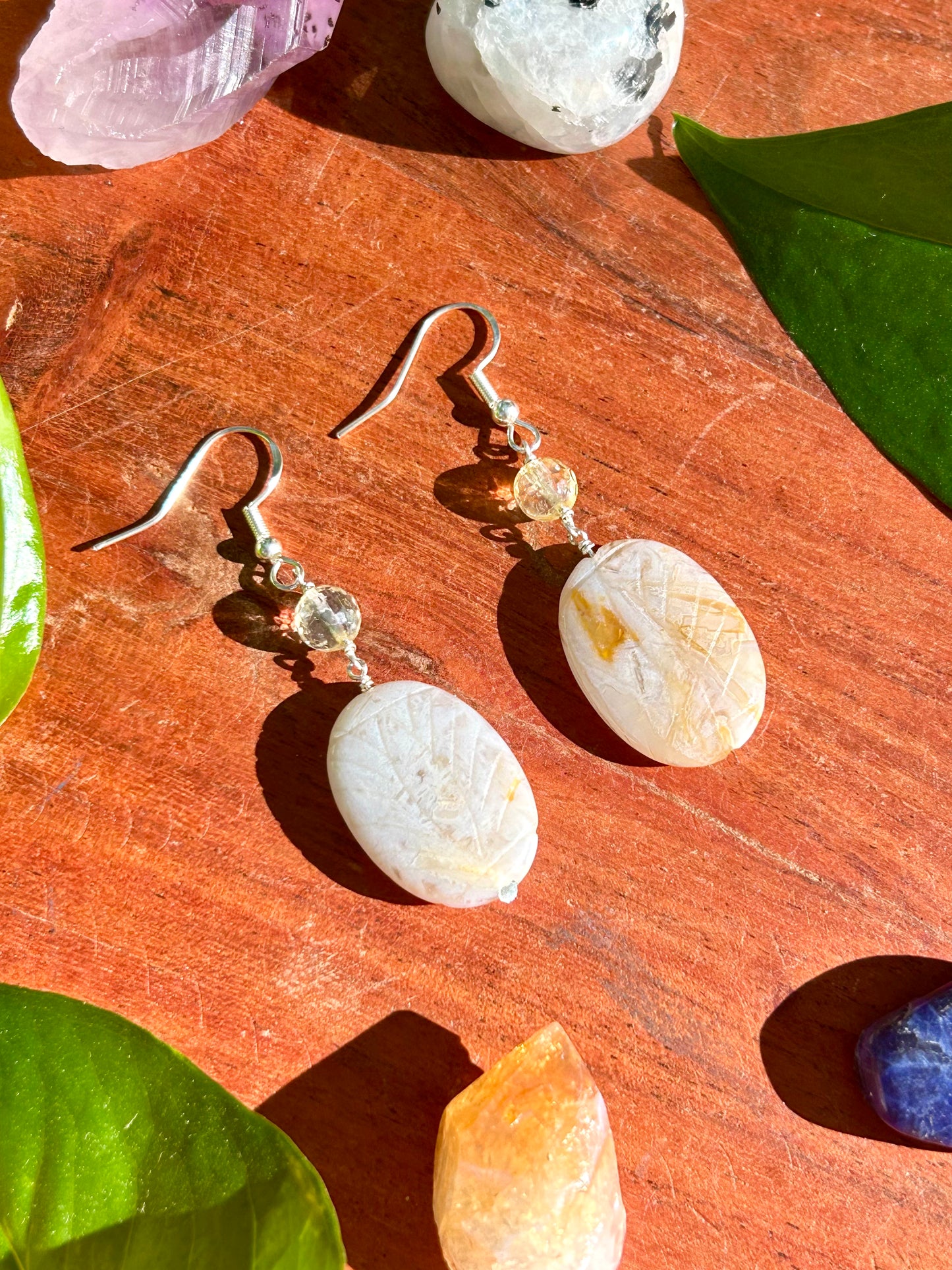 Agate & Citrine Gemstone Sterling Silver Dangly Earrings
