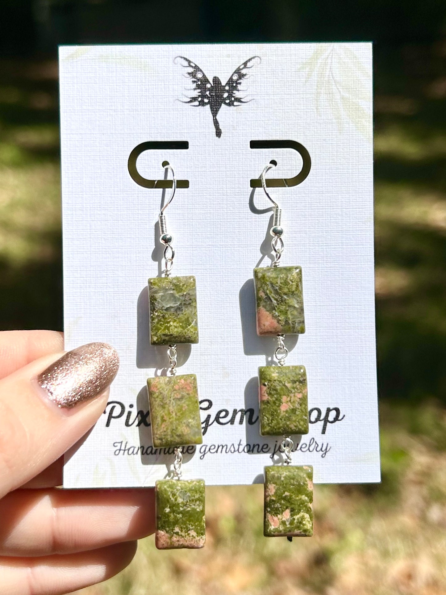 Unakite Triple Rectangles Gemstone Sterling Silver Dangly Earrings