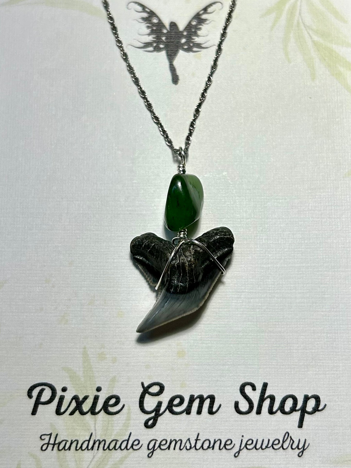 Shark Tooth Fossil & Gemstone Pendant Simple Sterling Silver Chain Necklace (Ruby/Carnelian/Jade/Apatite/Lapis Lazuli/Ametrine/Pearl)