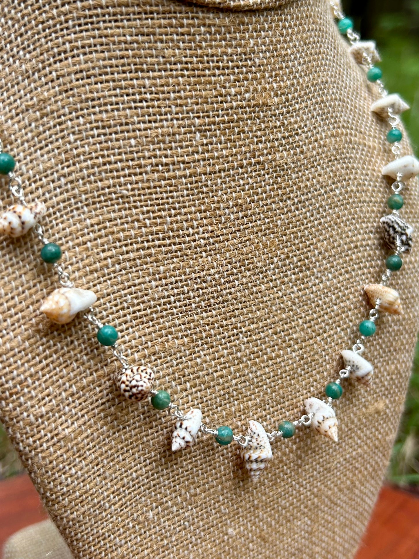 Shells & Amazonite Gemstone Sterling Silver Chain Link Wire Wrapped Necklace