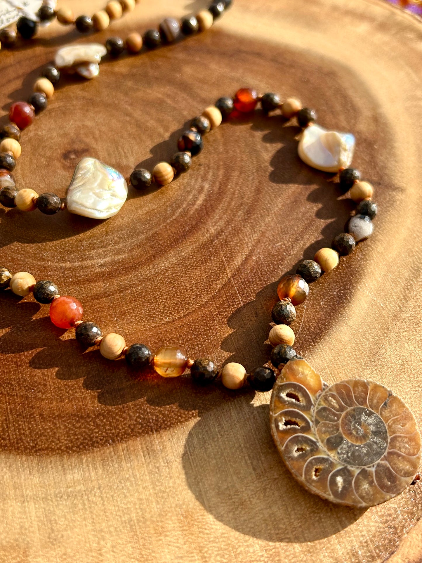 Ammonite, Bronzite, Agate, Pearl & Cedar Wood Hand Knotted Mala Beads Necklace