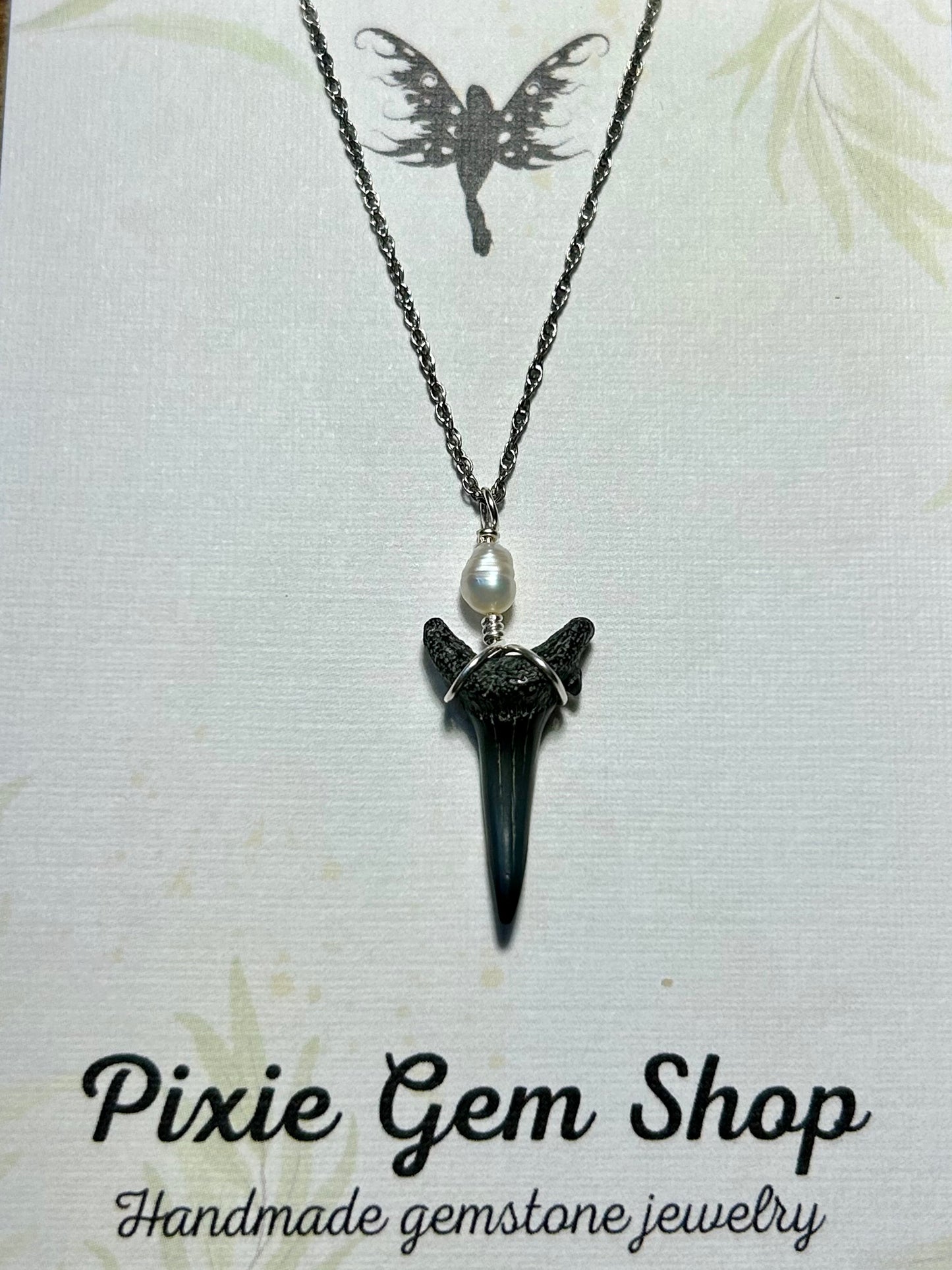 Shark Tooth Fossil & Gemstone Pendant Simple Sterling Silver Chain Necklace (Ruby/Carnelian/Jade/Apatite/Lapis Lazuli/Ametrine/Pearl)