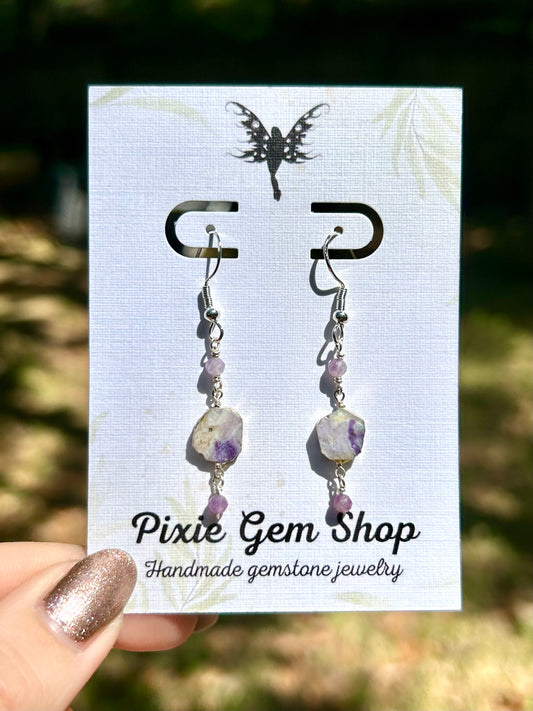 Purple Opal & Lepidolite Gemstone Sterling Silver Dangly Earrings