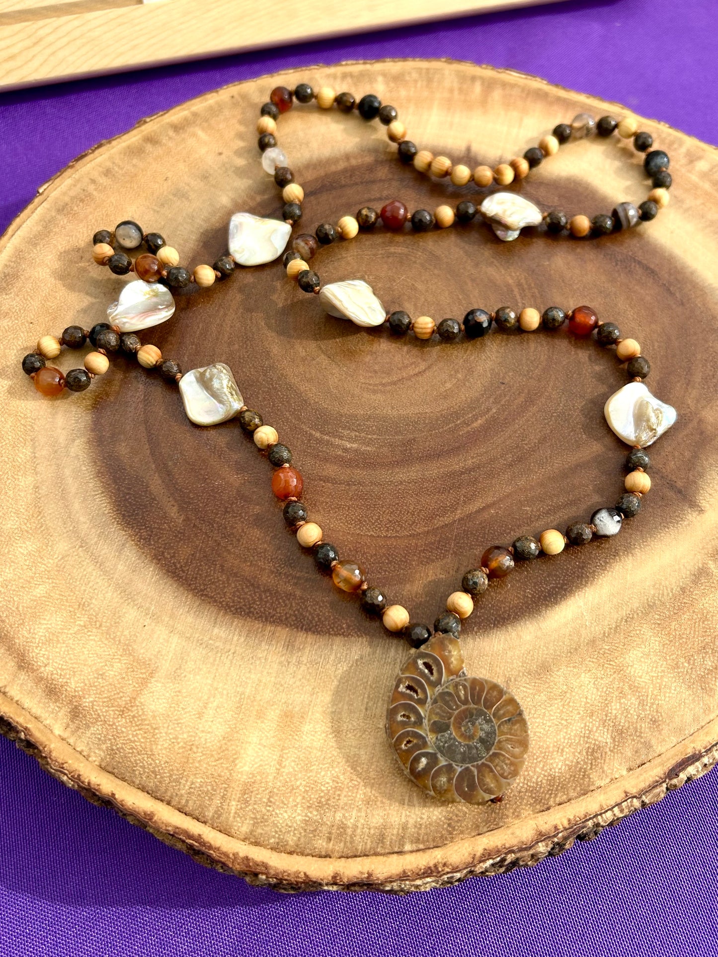 Ammonite, Bronzite, Agate, Pearl & Cedar Wood Hand Knotted Mala Beads Necklace