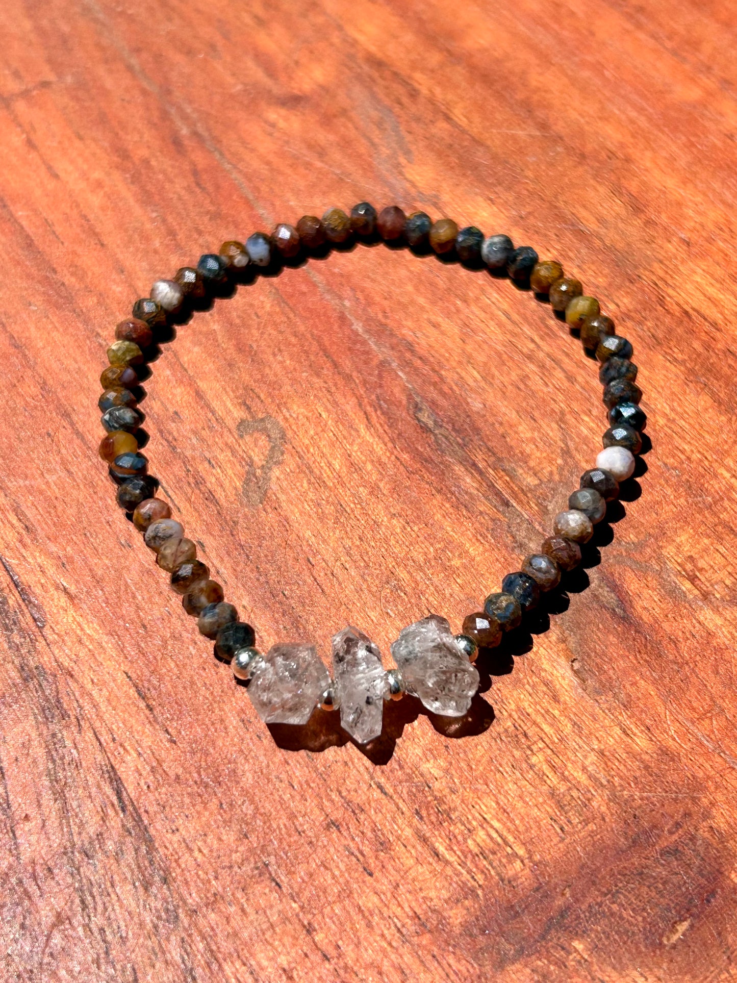 Genuine Herkimer Diamond Gemstone Beaded Bracelet with 925 Sterling Silver Spacer Beads (Iolite/Pietersite/Alalite/Topaz/Rhodonite)