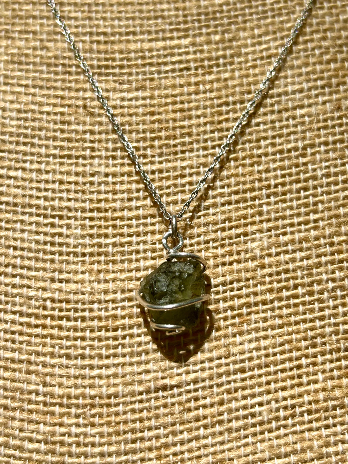 Moldavite Sterling Silver Wire Wrapped Simple Pendant Necklace
