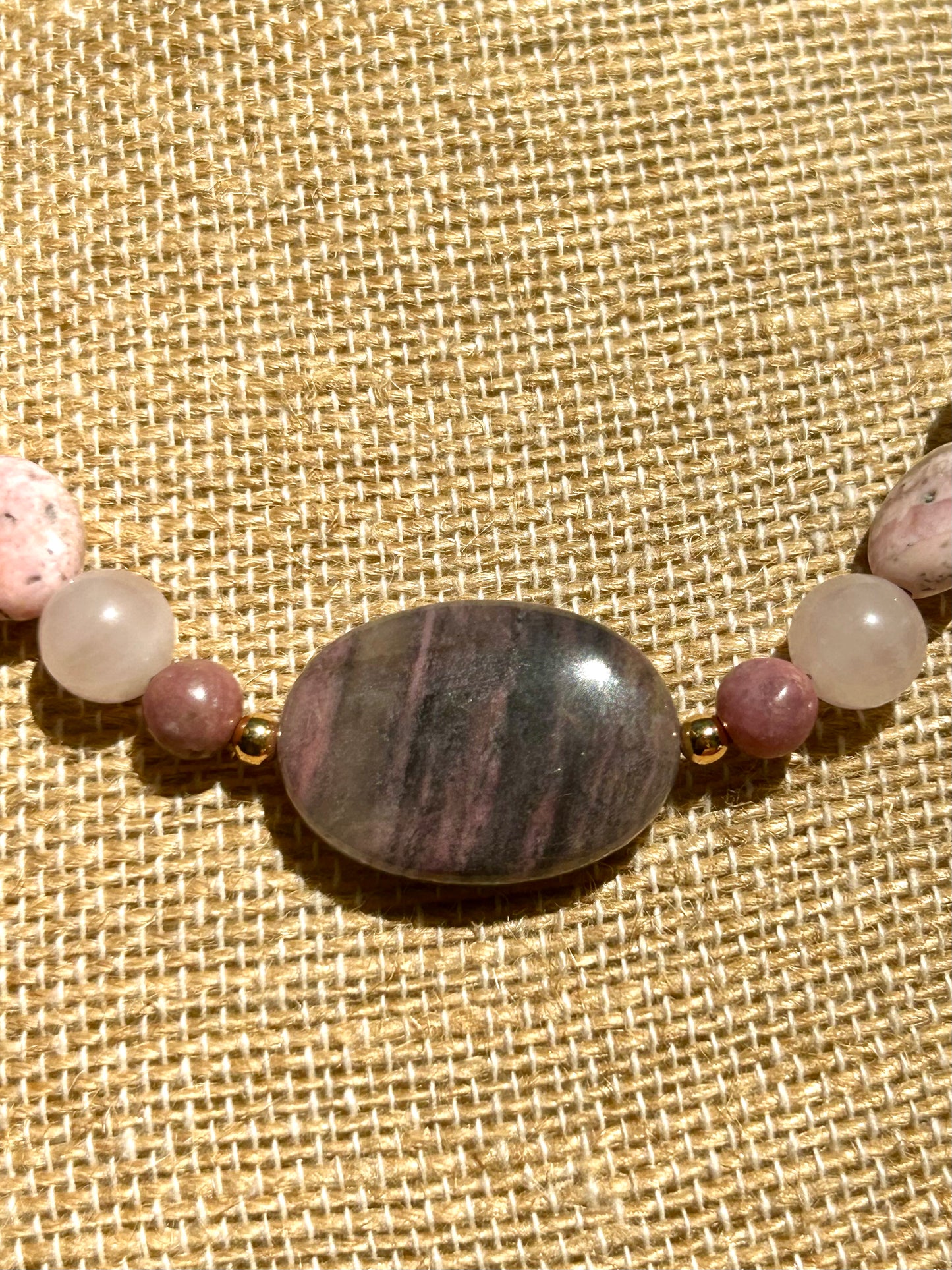 Pink Zebra Jasper, Rose Quartz, Pink Opal & Rhodonite with Gold Accents Beaded Necklace