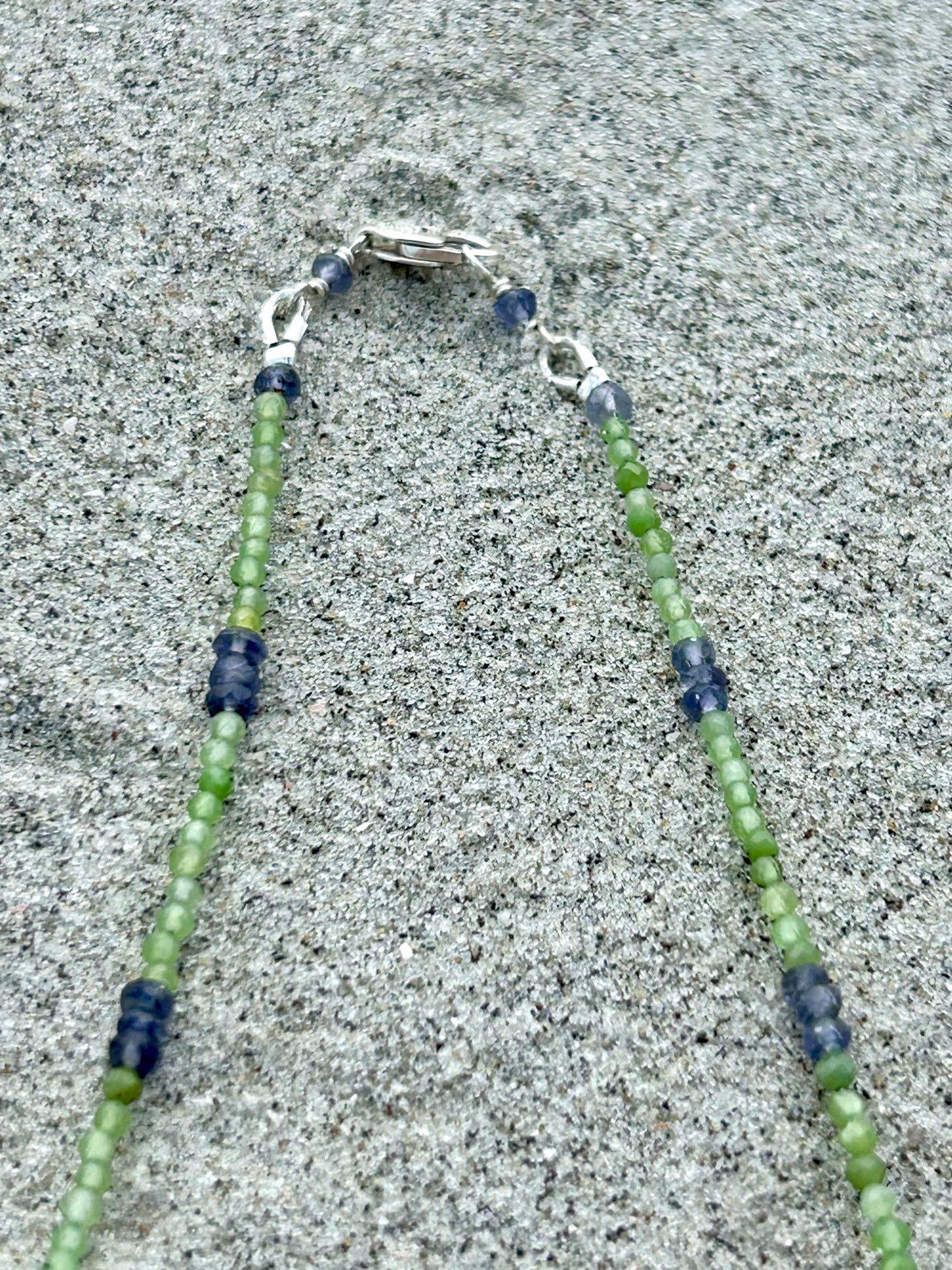 Olive Shell, Nephrite Jade & Iolite Gemstone Beaded Necklace Sterling Silver