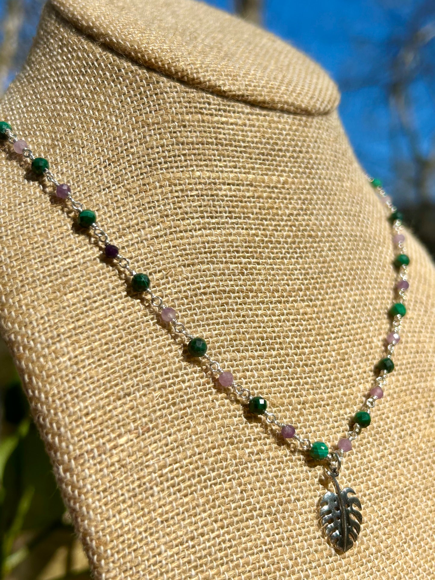 Monstera Leaf with Malachite & Lepidolite Gemstone Sterling Silver Chain Link Wire Wrapped Necklace