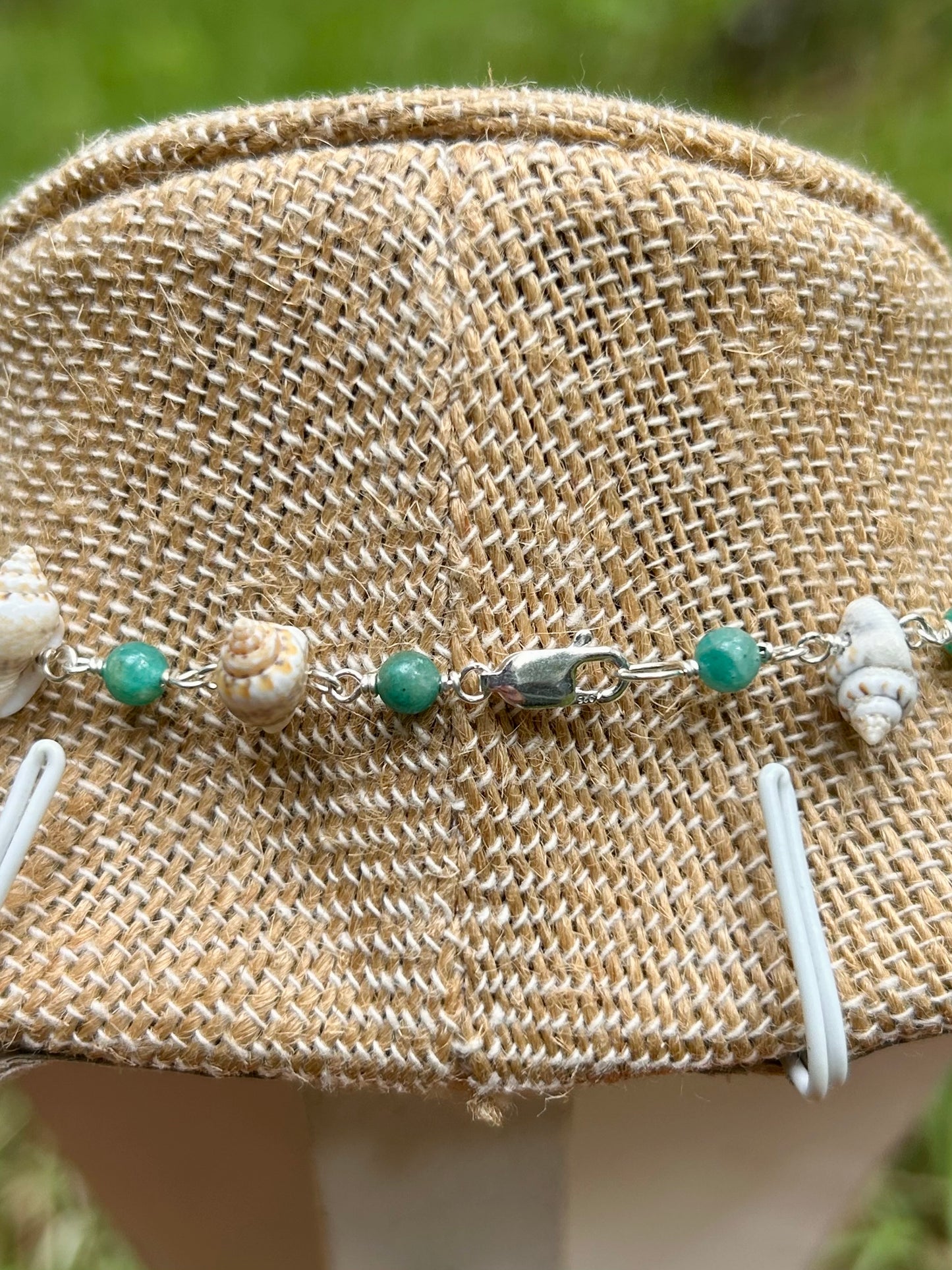 Shells & Amazonite Gemstone Sterling Silver Chain Link Wire Wrapped Necklace