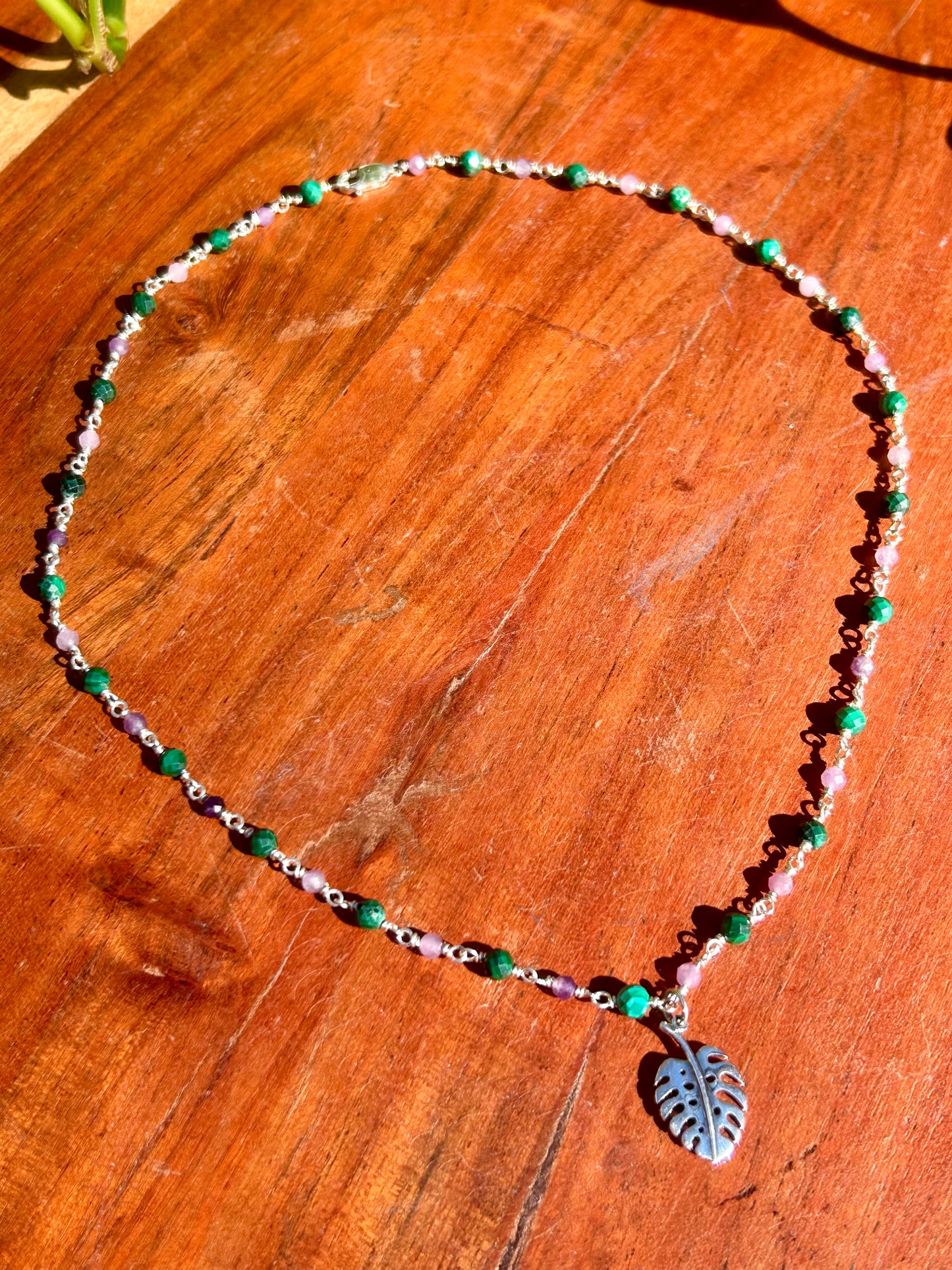 Monstera Leaf with Malachite & Lepidolite Gemstone Sterling Silver Chain Link Wire Wrapped Necklace