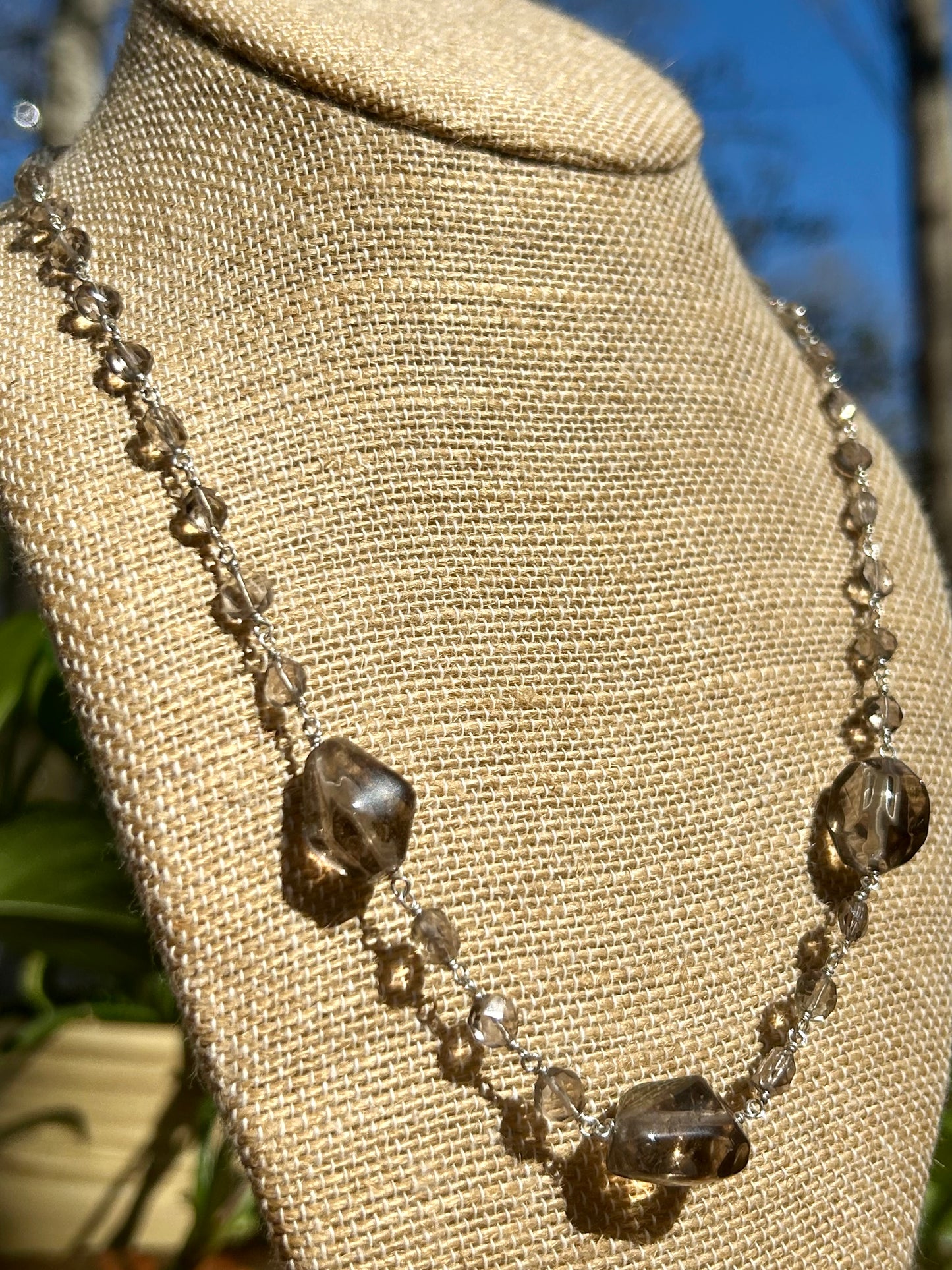 Smoky Quartz Gemstone Sterling Silver Chain Link Wire Wrapped Necklace