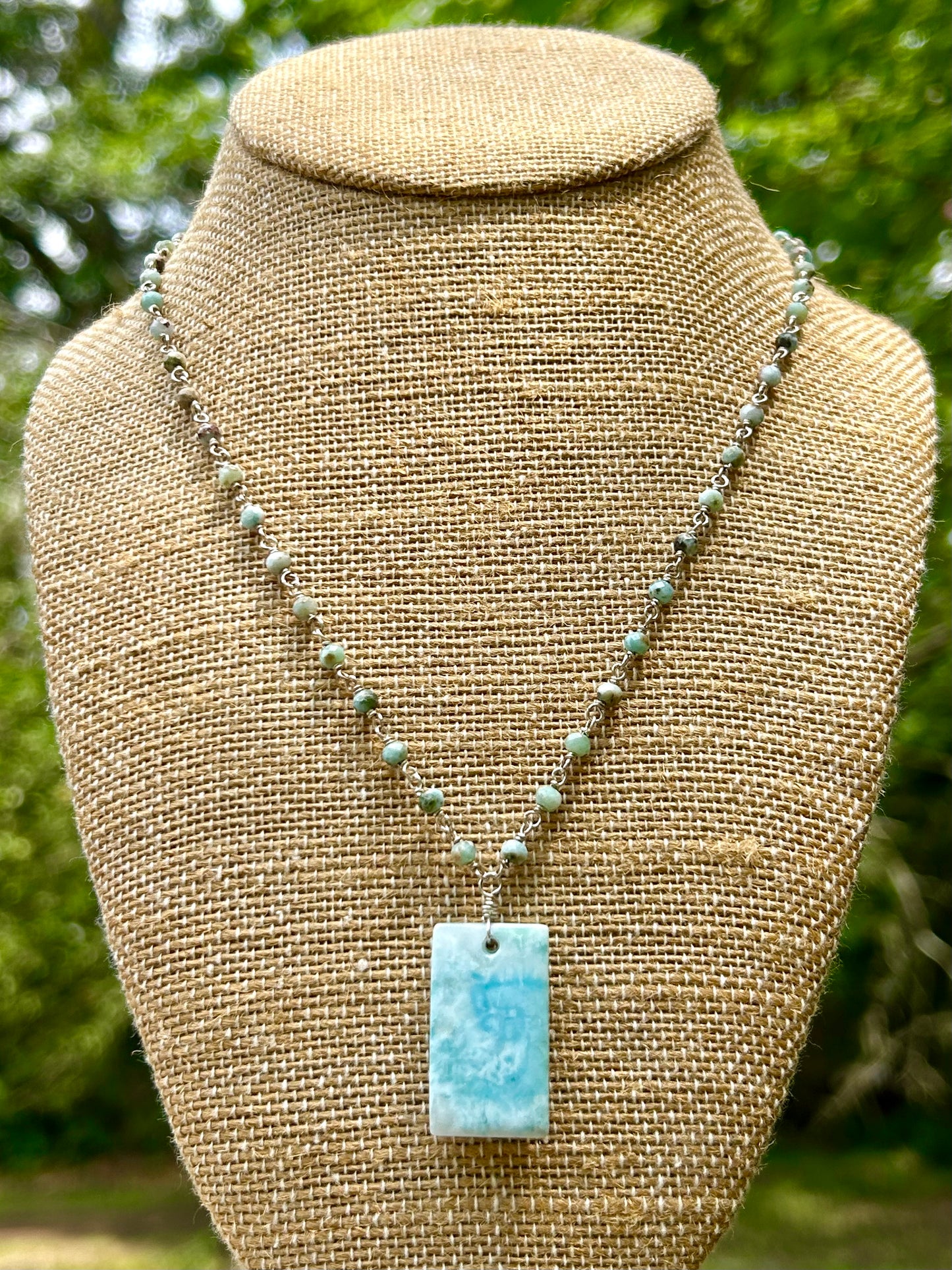 Larimar Gemstone Sterling Silver Chain Link Wire Wrapped Necklace