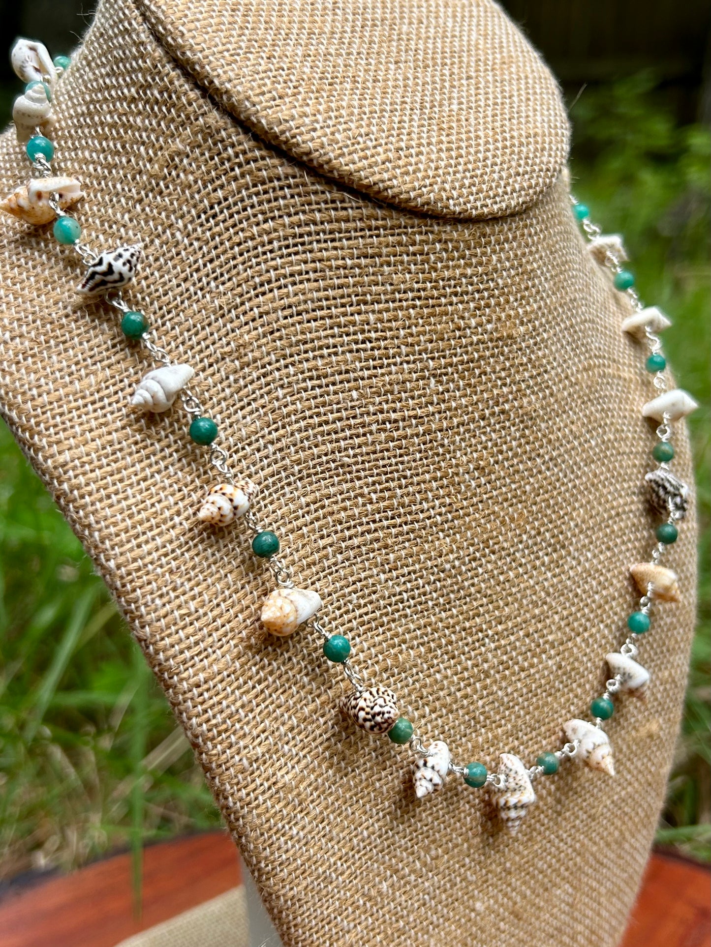 Shells & Amazonite Gemstone Sterling Silver Chain Link Wire Wrapped Necklace
