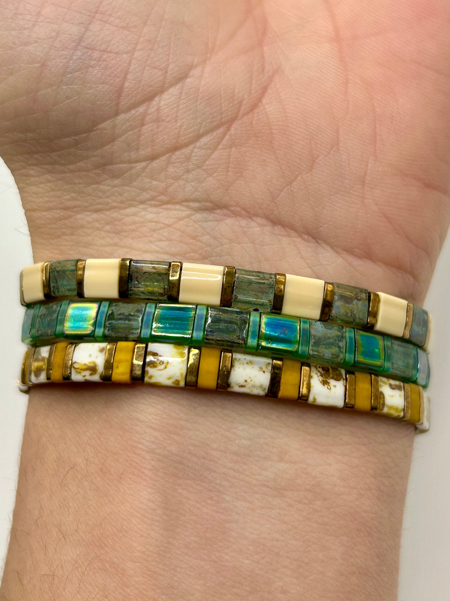 Earthy Neutrals Tila Glass Bead Elastic Bracelet Collection