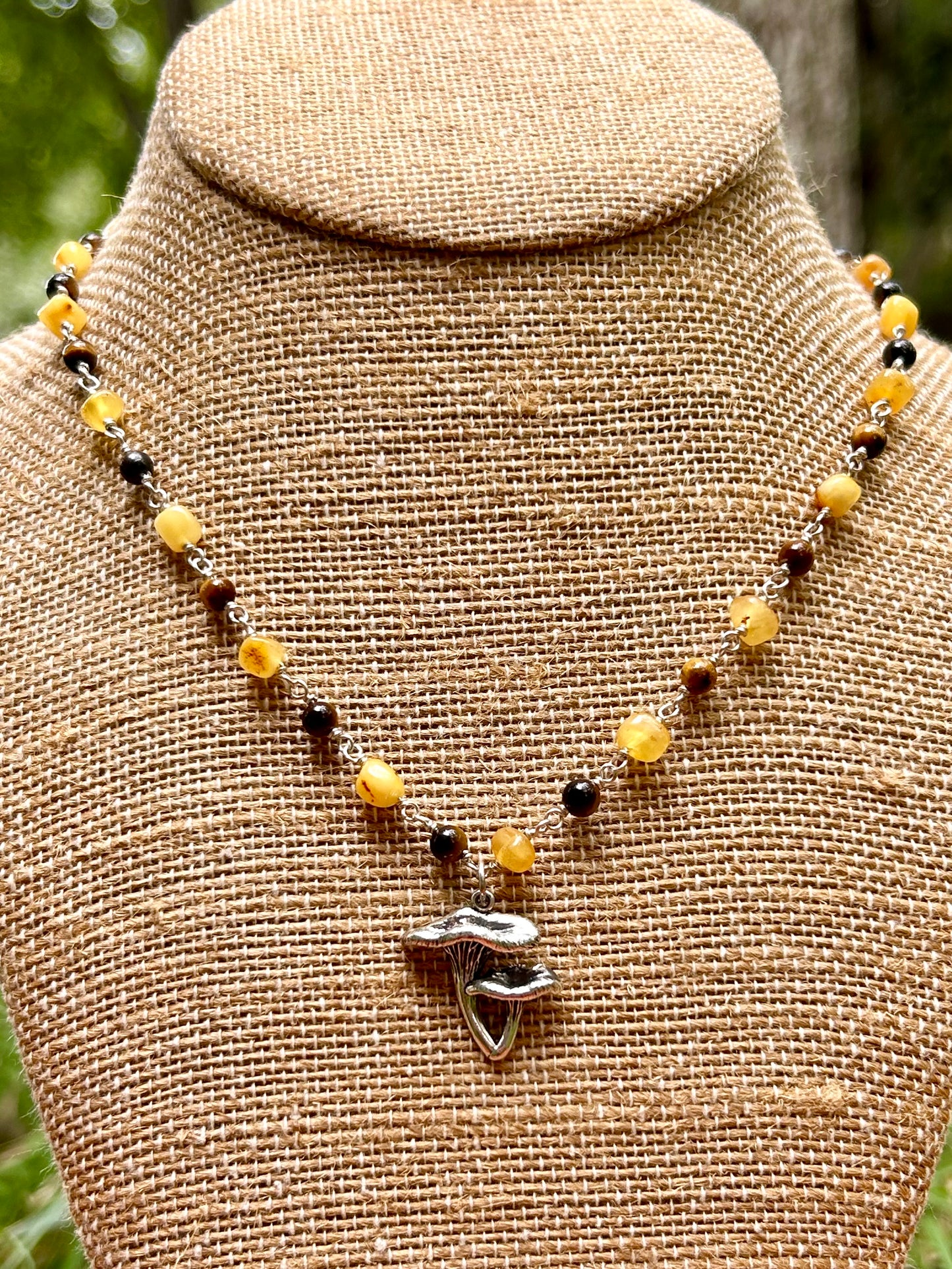 Chanterelle Mushroom with Amber & Tiger’s Eye Gemstone Sterling Silver Chain Link Wire Wrapped Necklace