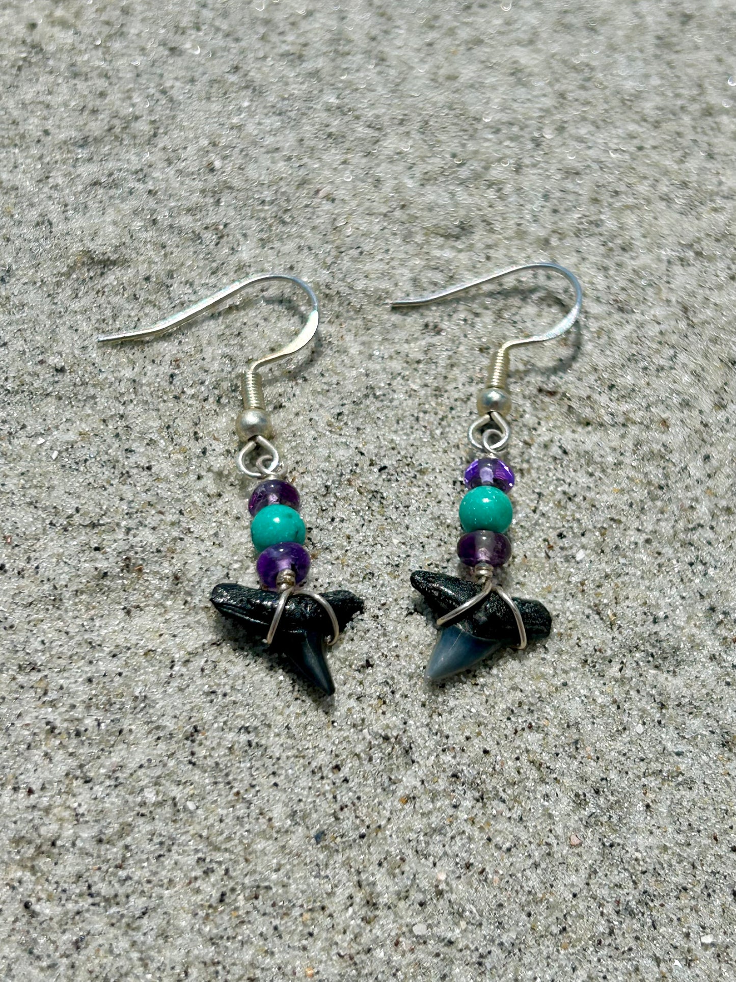 Shark Tooth Fossil with Amethyst & Turquoise Gemstone Sterling Silver Dangly Earrings