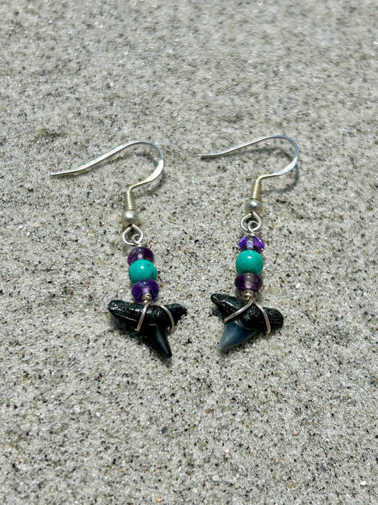 Shark Tooth Fossil with Amethyst & Turquoise Gemstone Sterling Silver Dangly Earrings