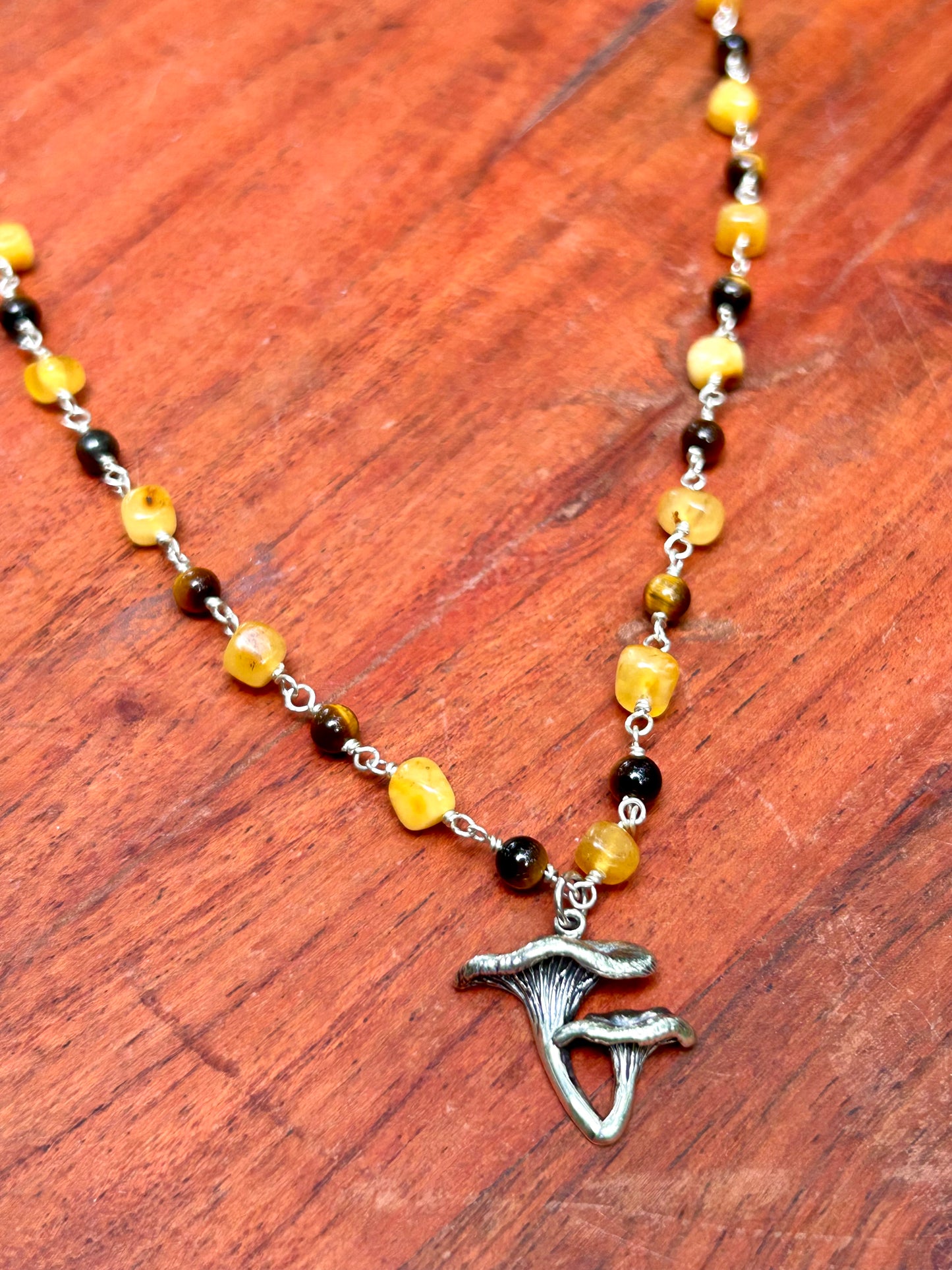Chanterelle Mushroom with Amber & Tiger’s Eye Gemstone Sterling Silver Chain Link Wire Wrapped Necklace
