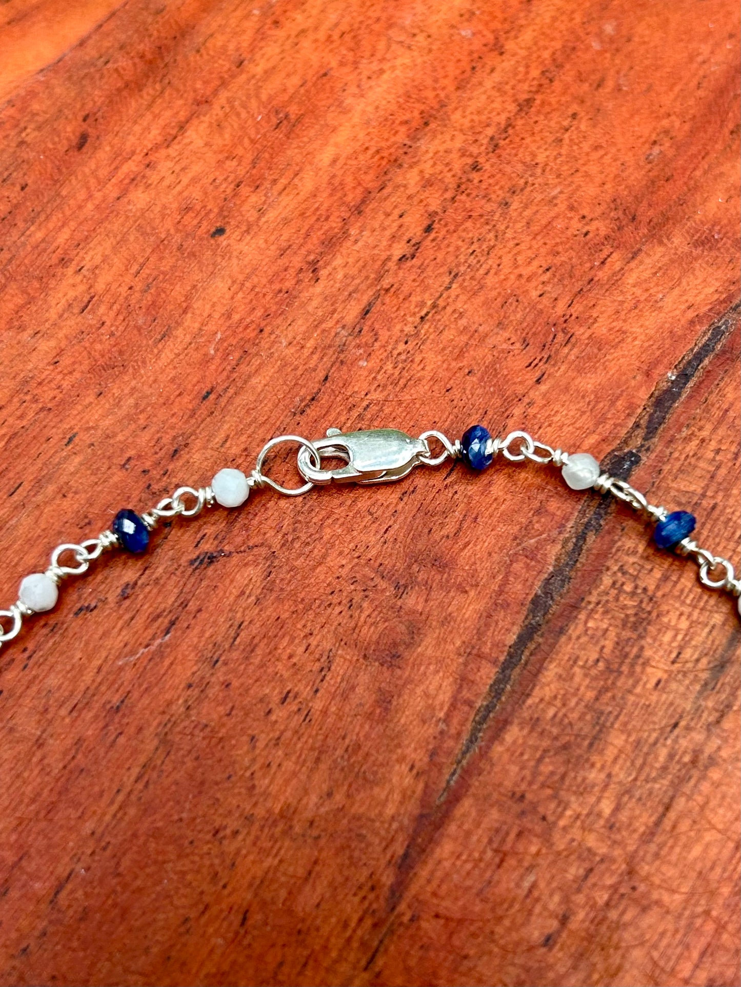 Moon Phases with Kyanite & Larimar Gemstone Sterling Silver Chain Link Wire Wrapped Necklace
