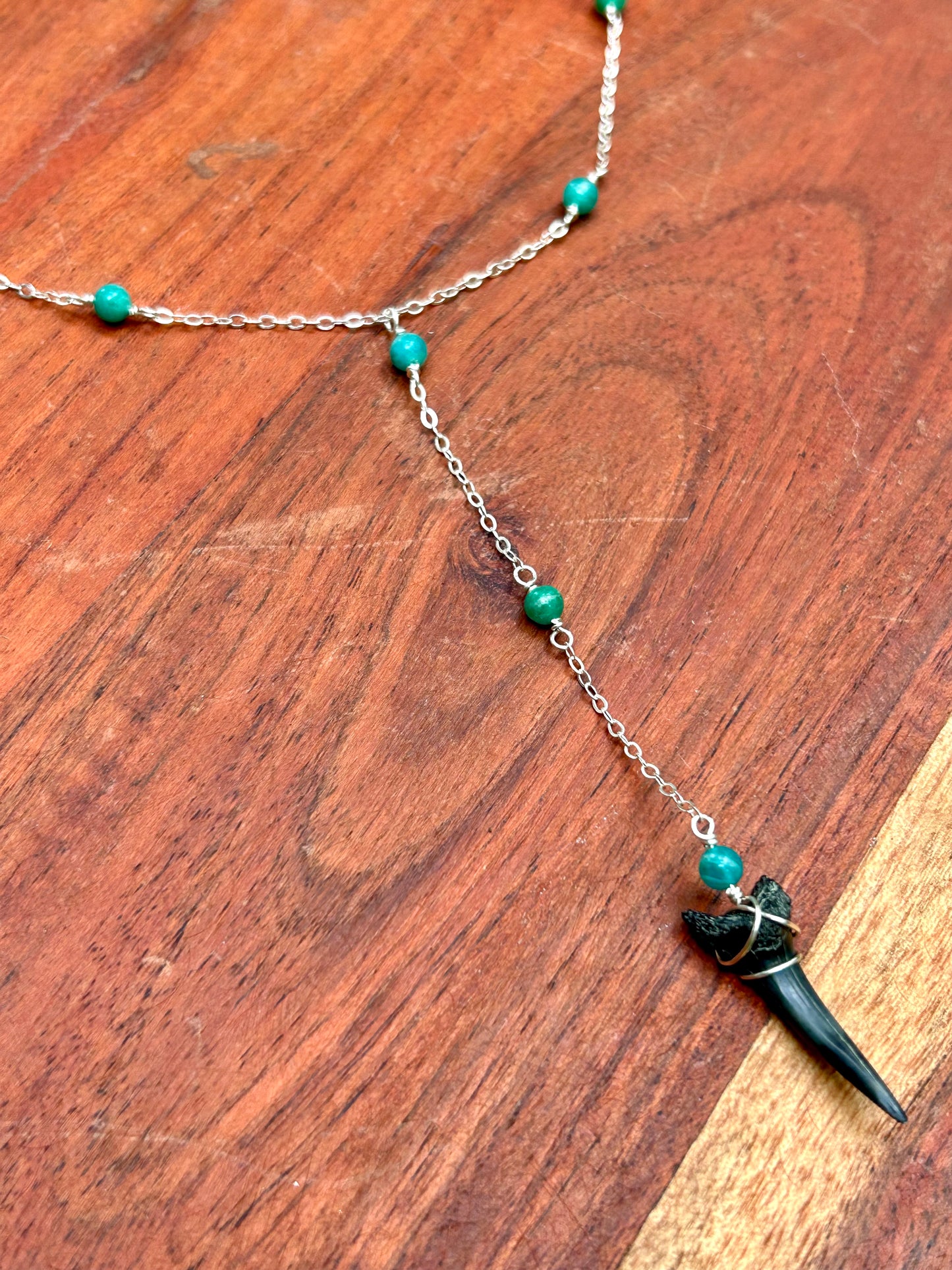 Shark Tooth Fossil with Amazonite Gemstone Sterling Silver Satellite Chain Wire Wrapped Lariat Necklace