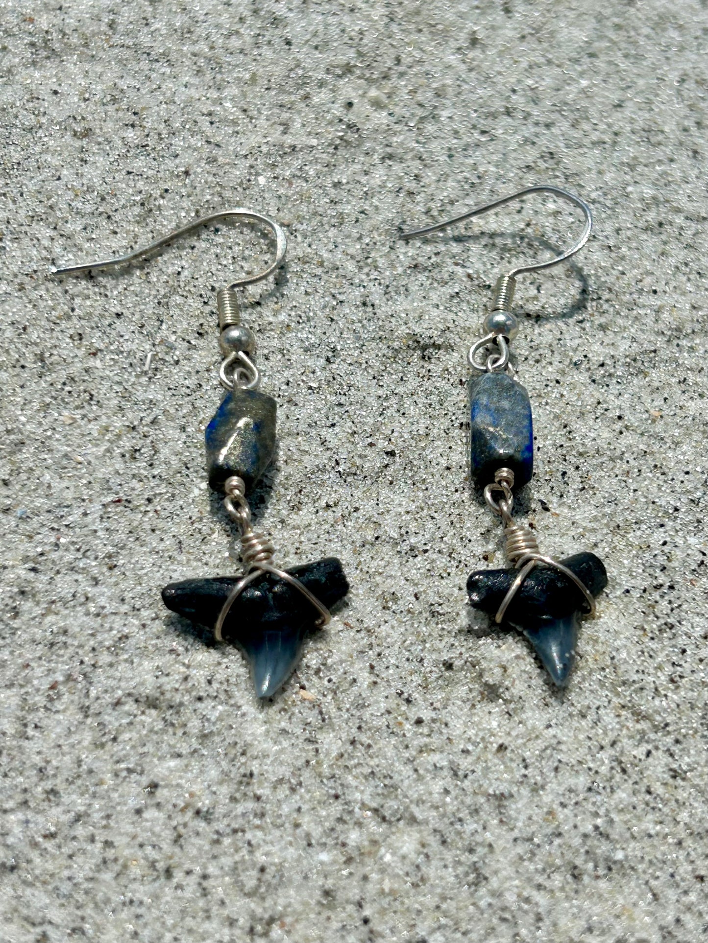 Shark Tooth Fossil with Lapis Lazuli Gemstone Sterling Silver Dangly Earrings