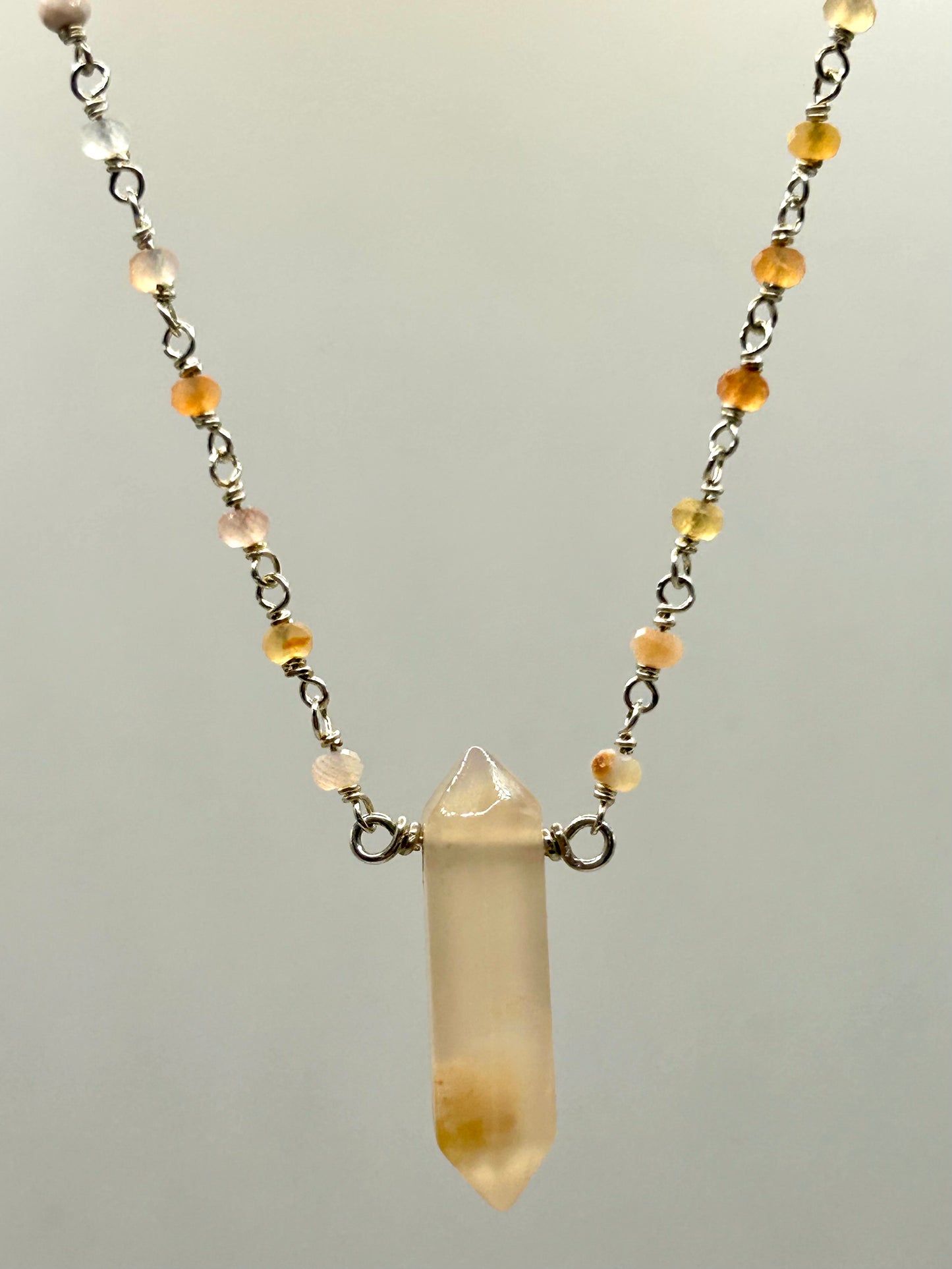 Botswana Agate & Flower Agate Gemstone Sterling Silver Chain Link Wire Wrapped Necklace